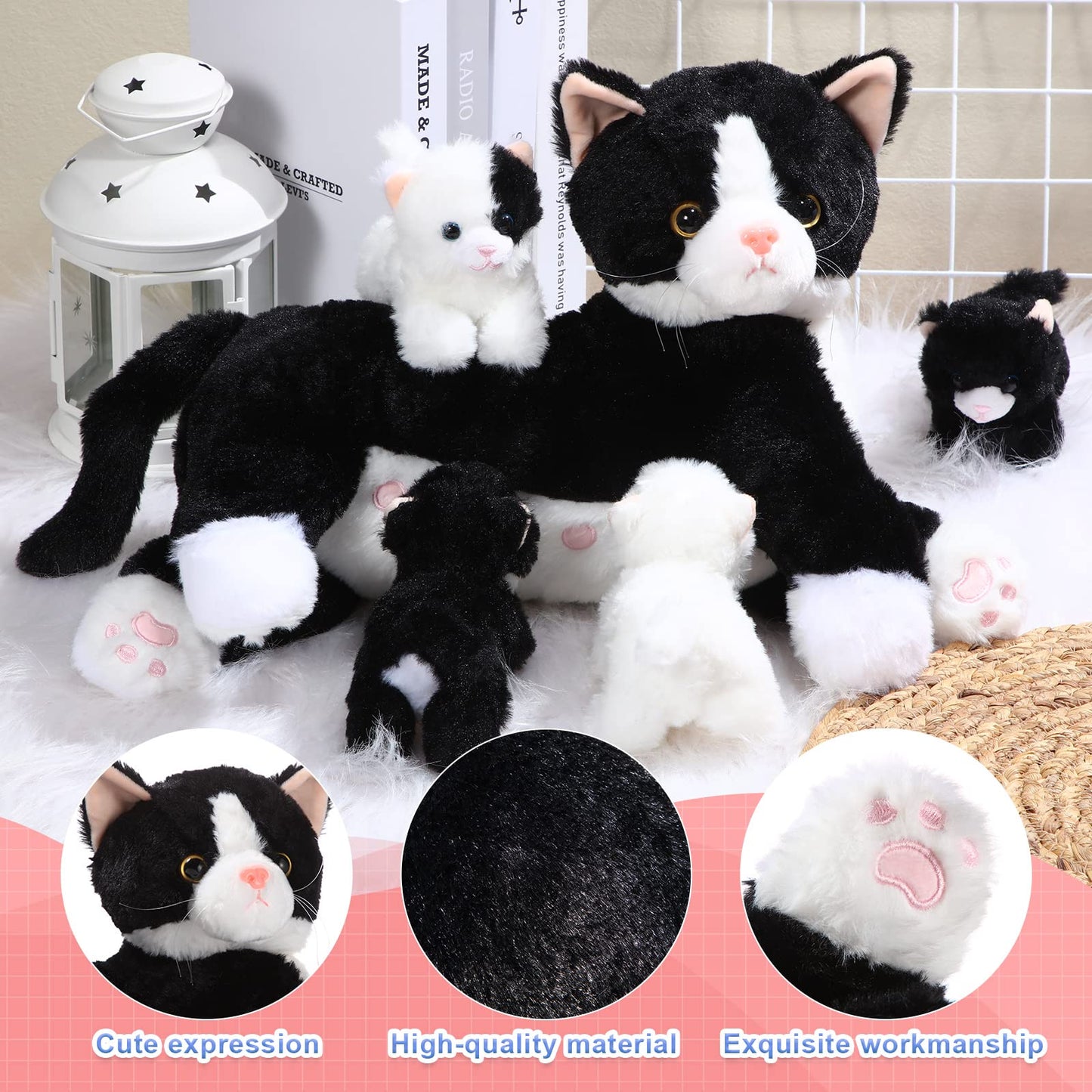 Skylety Nurturing Cat Stuffed Animal With Plush Kittens, Valentine Cat Baby Stuffed For Girls And Boys Plushy Kitty Mommy Cat With 4 Baby Cats For Birthday Party Favors Gifts(Fluffy Style)