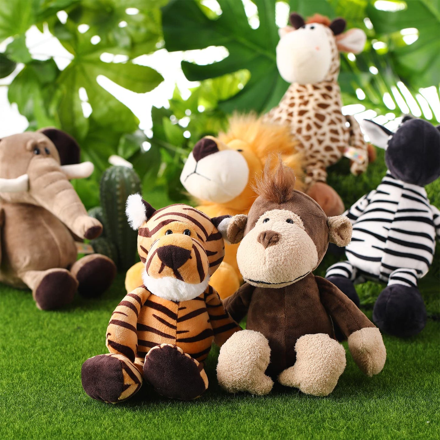 6 Pieces Safari Stuffed Animals Plush Jungle Animal Toys Set For Boys Girls, Lion Elephant Zebra Giraffe Tiger Monkey For Animal Themed Parties Student Award Christmas (Cute Style)
