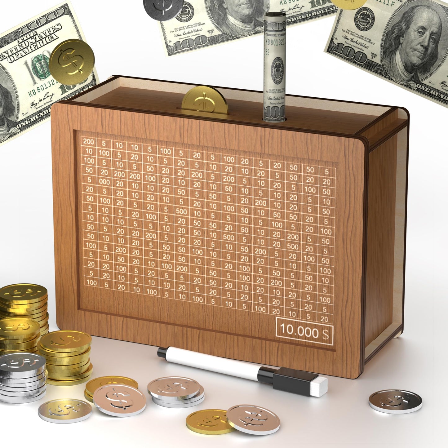 10000 Savings Challenge Box Cash Vault Wooden Coin Bank Money Saving Box With Target And Numbers - Piggy Bank For Kids Adults 10