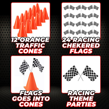 Bedwina Race Car Birthday Party Decorations - (36 Pcs) 12 - 8-Inch Orange Mini Cones for Kids & 24 Black & White Checkered Flags