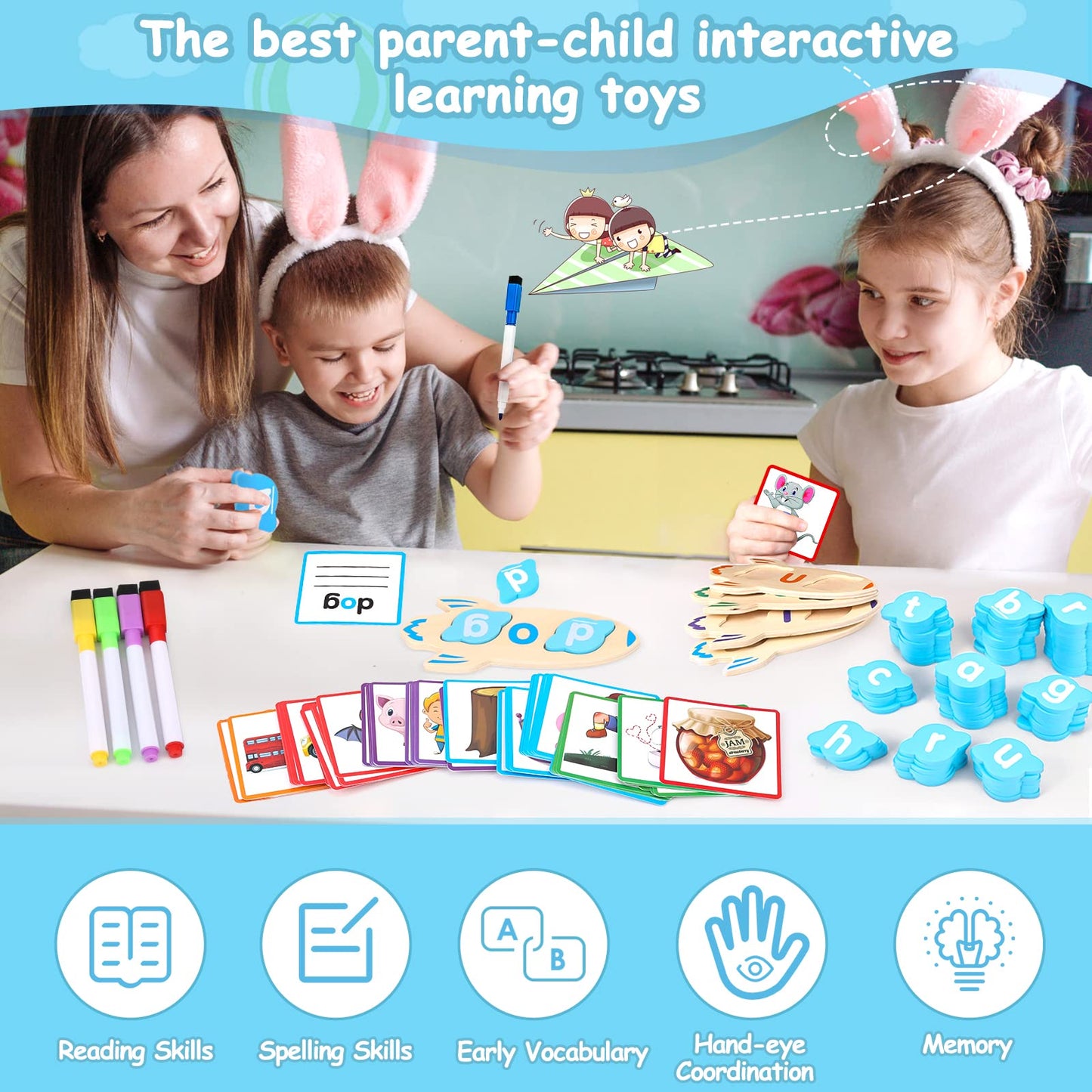 Umyqaq 143Pcs Wooden Cvc Word Game, Writing & Spelling Flash Cards, Kindergarten Homeschool Supplies, Alphabet Puzzle Montessori