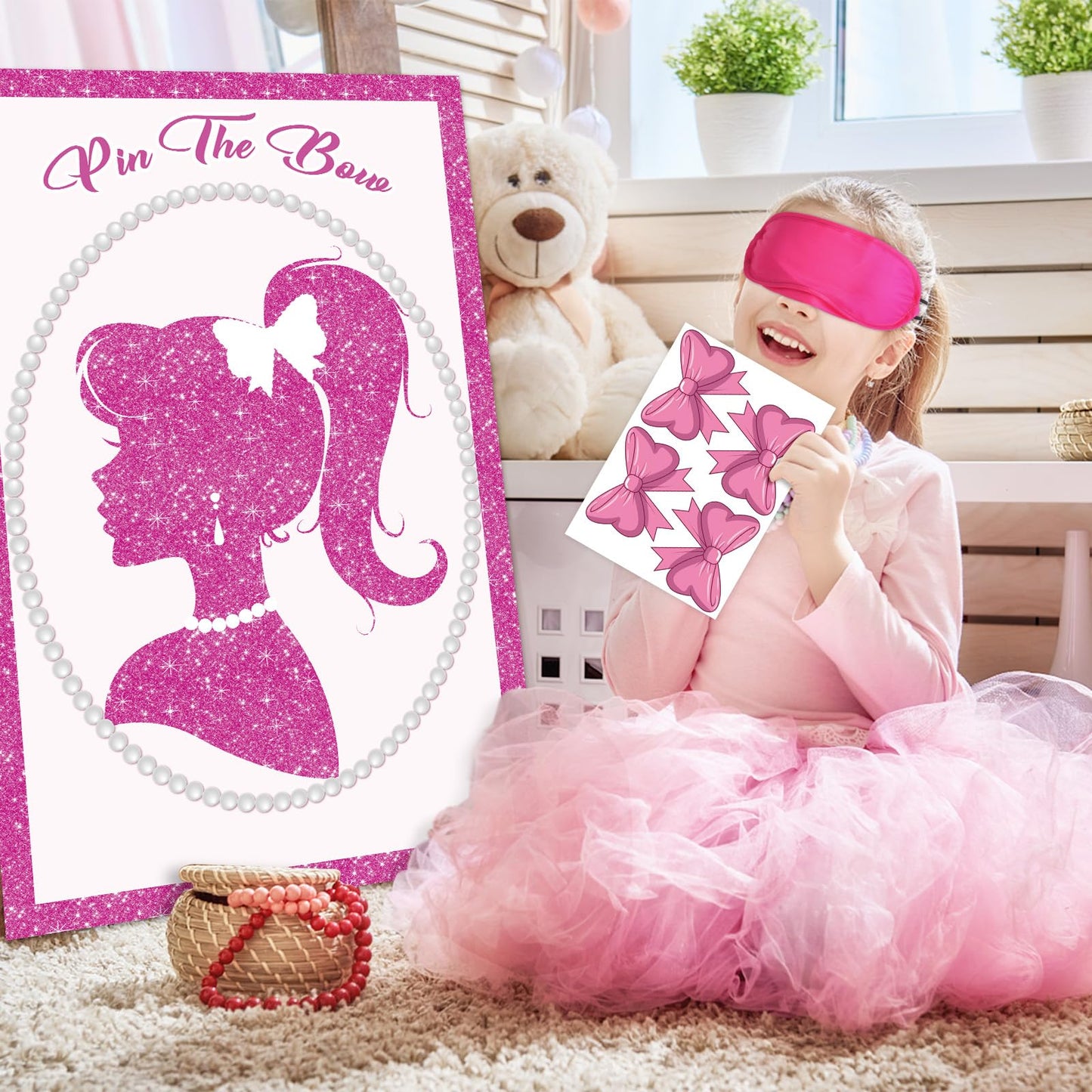 Pink Birthday Party Decorations Girls Princess Party Games Pin The Bow Tie On The Princess With 40 Pcs Bow Tie Stickers, Large Princess Poster For Girls Women Pink Birthday Carnival Party Supplies