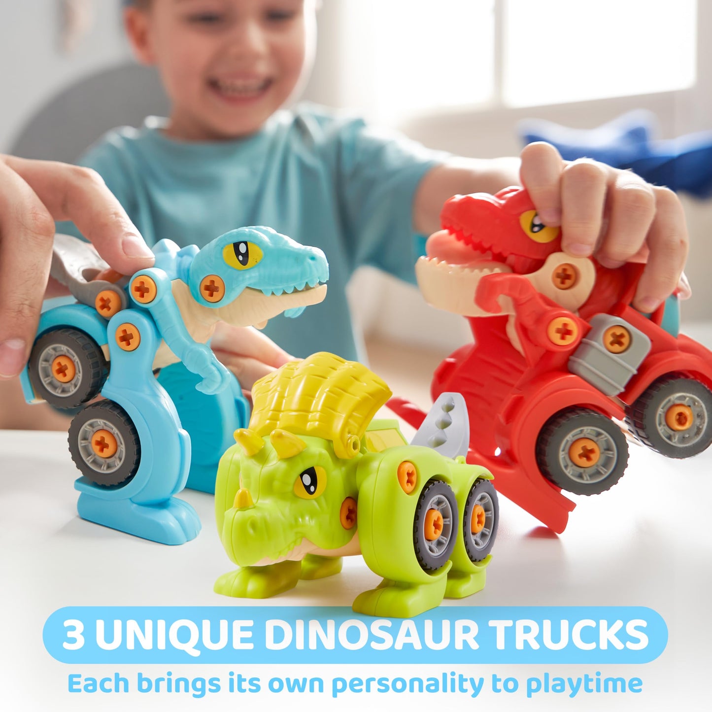 Lalalark Dinosaur Toys, 3 Pack Take Apart Dinosaur Toys with Electric Drill, Transforming Construction Building Toys, Two-Way Sw