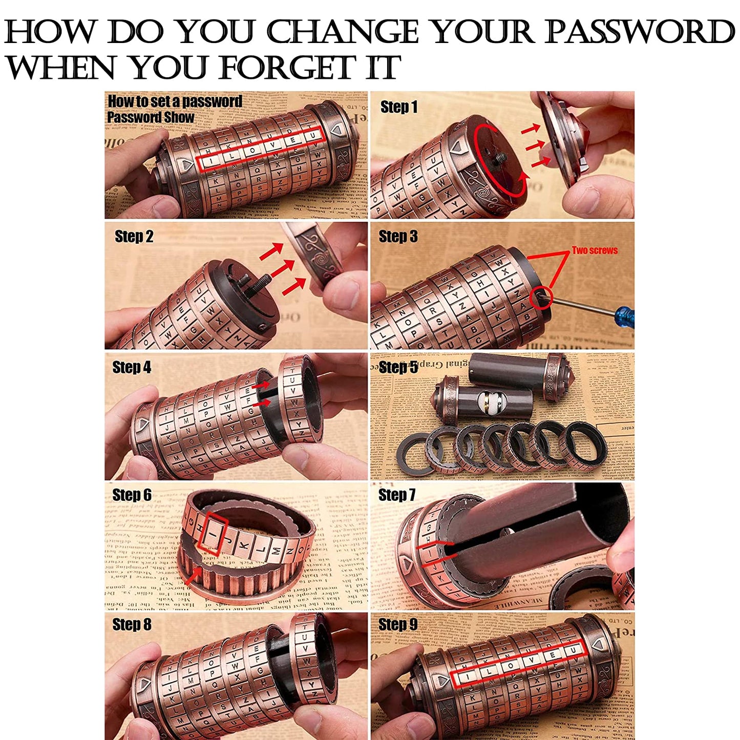 NEWUPZSI Cryptex Mini Bronze Lock Puzzle - Valentine's Day Gift for Men & Women, Red Copper, Model 0701547585363, Romantic & Cool