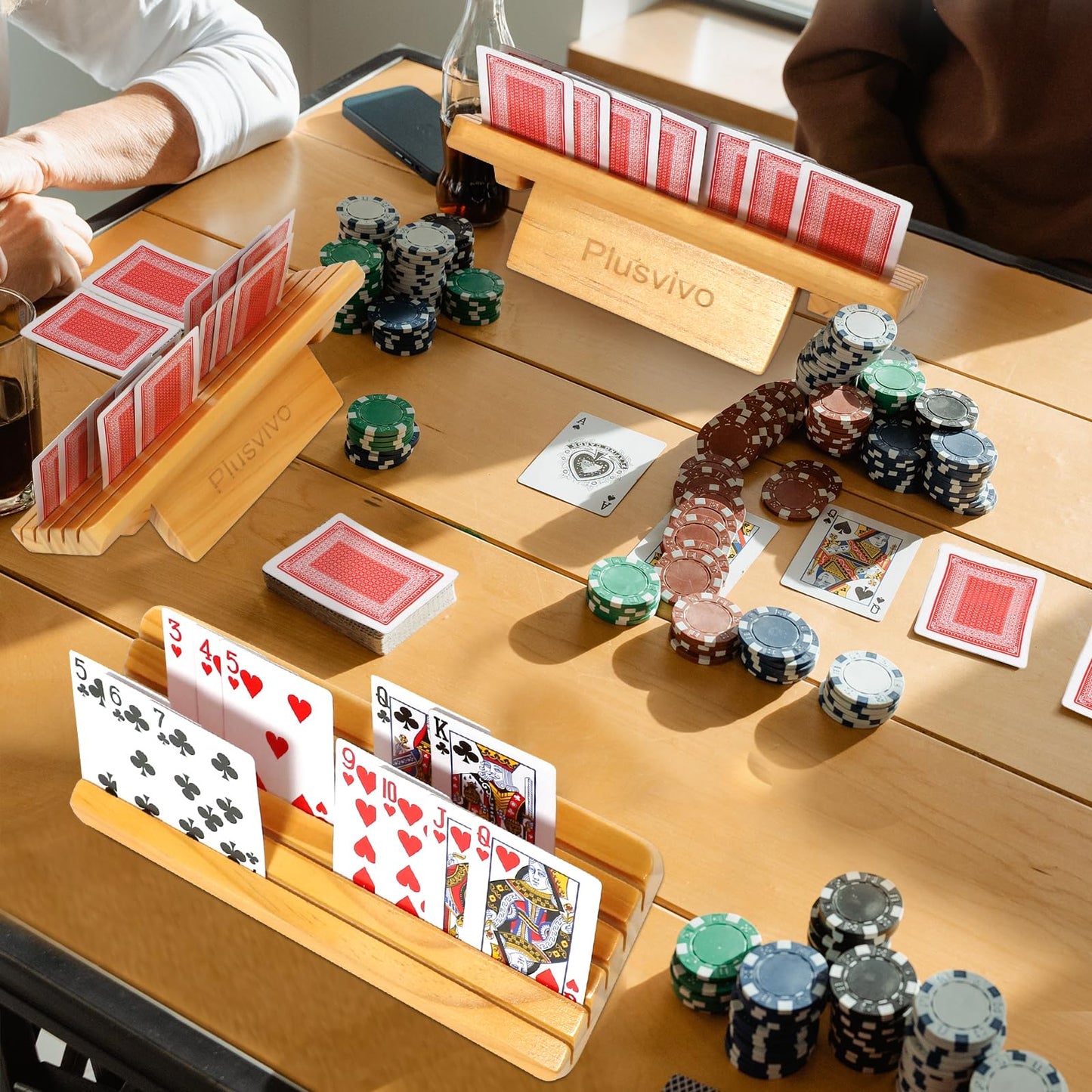 plusvivo Card Holders Set of 4 with Adjustable Stand - 5 Slots Wooden Organizer for Playing Cards - Ideal for Adults, Seniors, and Kids