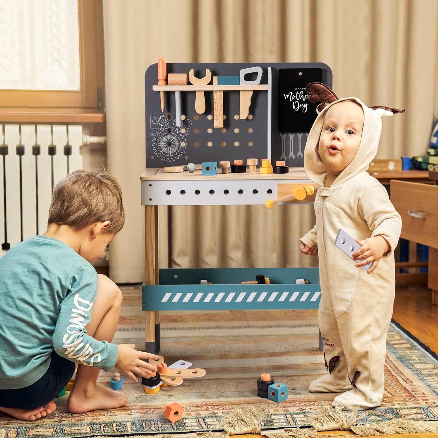 ROBUD Tool Bench Set for Toddlers Wooden Workbench Toy Workshop Construction Tools Bench Creative Pretend Play Toys Education Gi