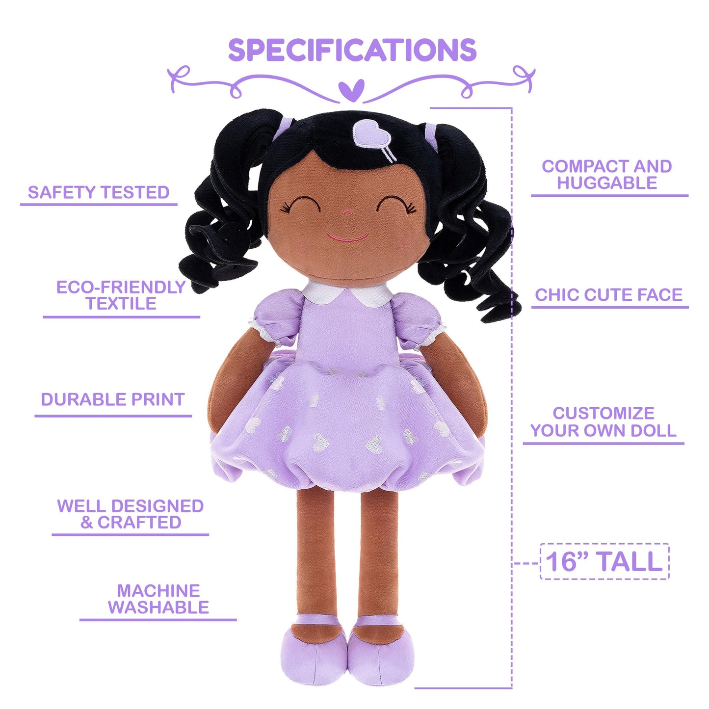 Gloveleya Personalized Curly Doll With Your Name - Cute Custom Tanned Purple Soft Plush Doll For Girls Plush Doll Customized Gifts