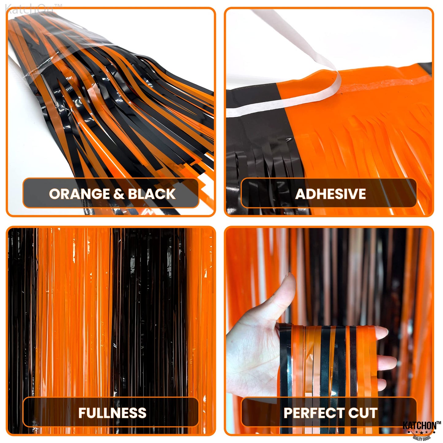 KatchOn, Black and Orange Foil Fringe Curtain - XtraLarge 3.2x8 Feet, Pack of 2 | Orange and Black Streamers, Halloween Decorati