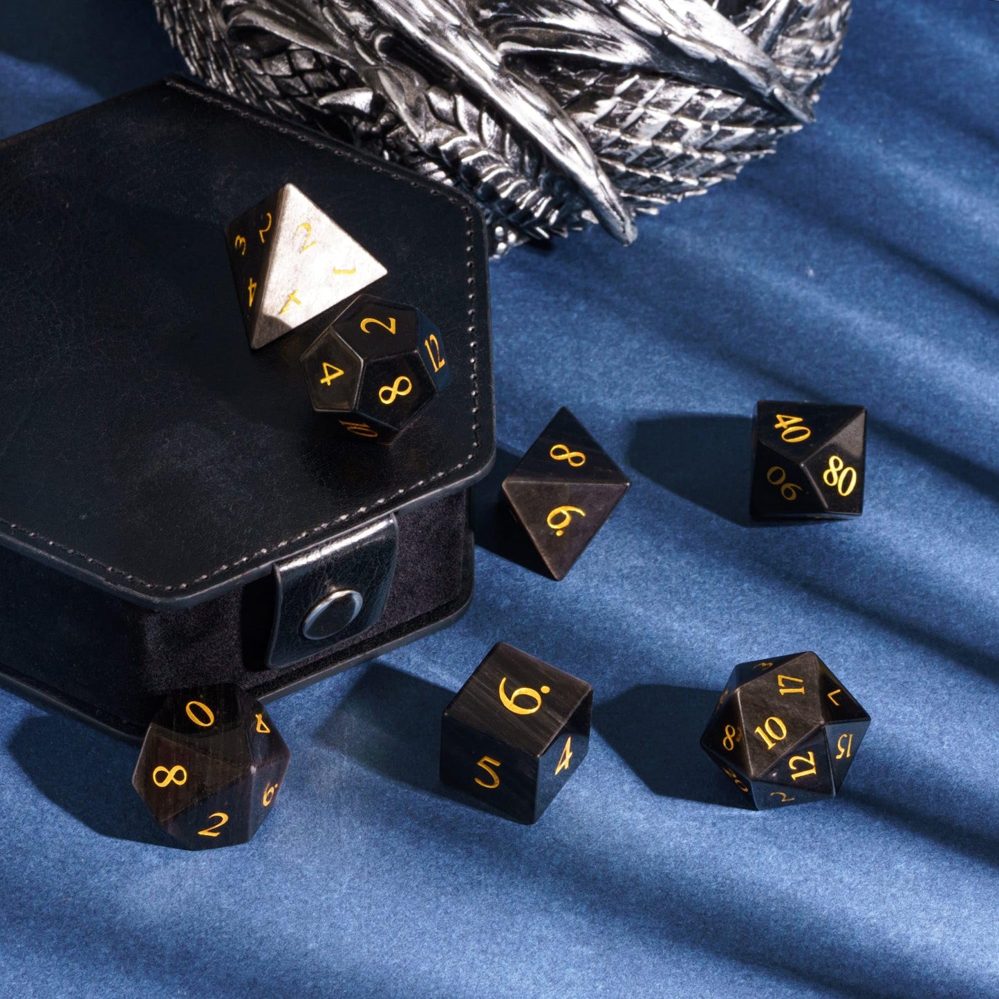 Udixi Gemstone Dice Set D&D Rpg Silver Sheen Obsidian Dice With Gift Case For Dungeons And Dragons Role Palying Games And Tablet