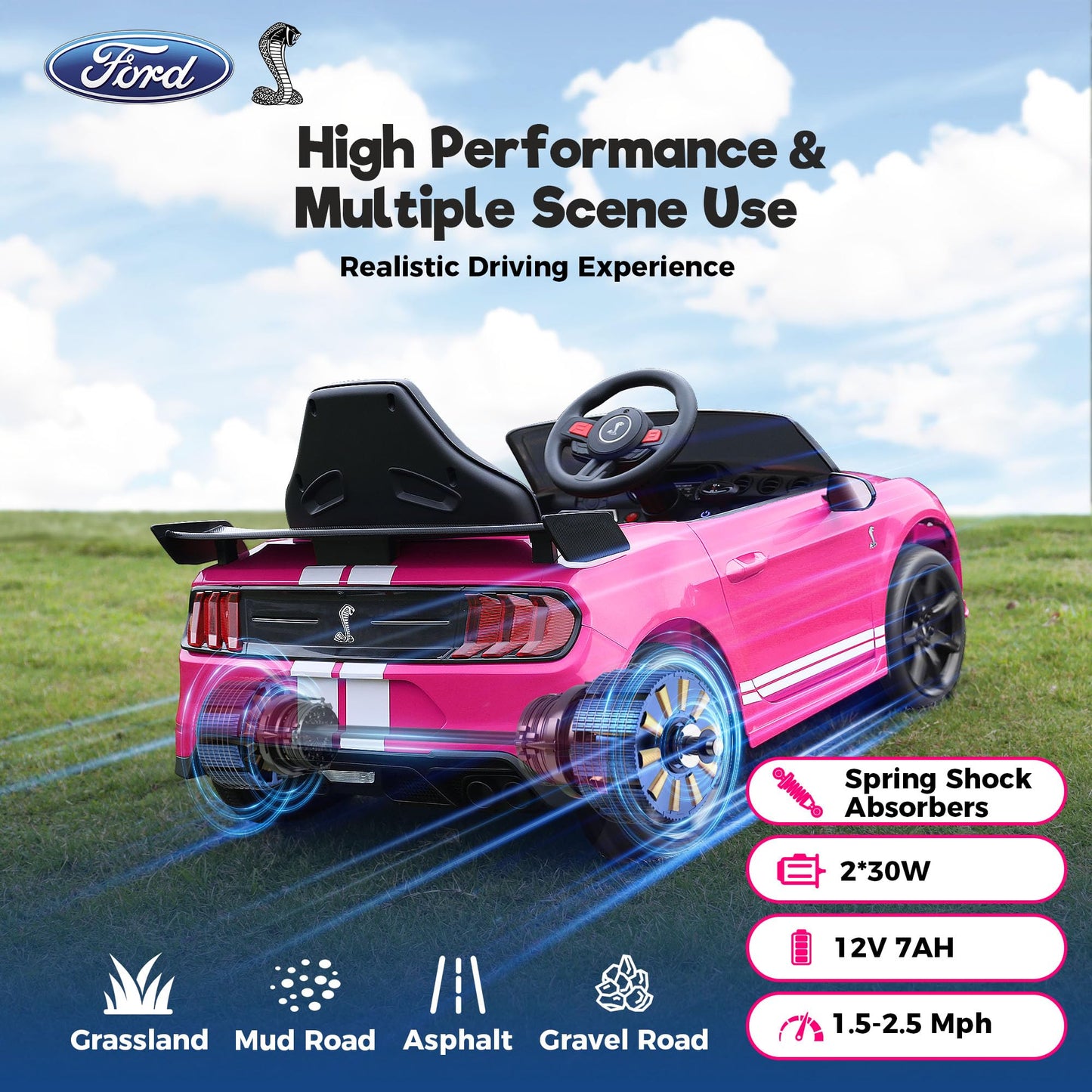 Funtok Licensed Ford Mustang Shelby Gt500 Ride On Car, 12V 7Ah Kids' Electric Car W/Remote Control, 16'' Wide Seat, 3 Speeds, Led Lights, Mp3, Bluetooth, Electric Vehicles For Kids To Drive (Pink)