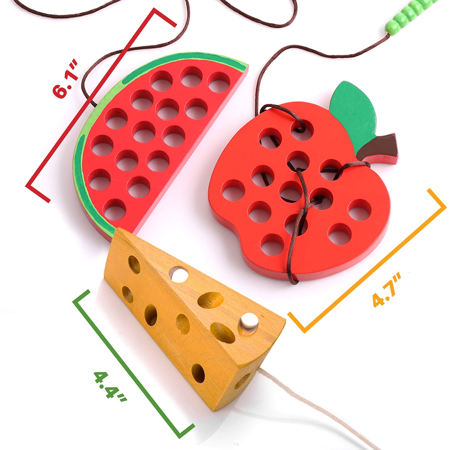 Lacing Toy For Toddlers, Fine Motor Skill Toys For 3 Year Old, Educational Learning Montessori Activity For Baby Kids, Car Plane Travel Games, Wooden Threading Toys 1 Apple,1 Watermelon, 1 Cheese.