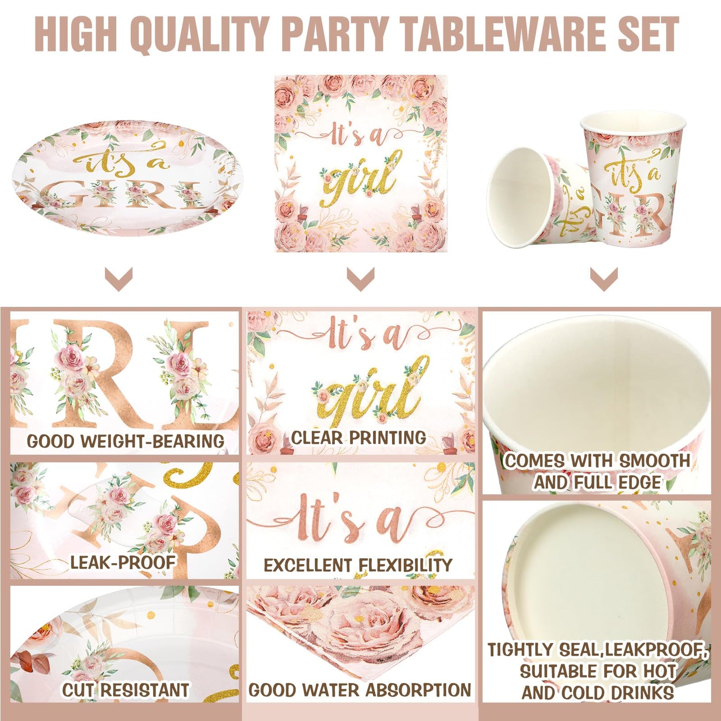 Hushee 200 Pcs Floral Baby Shower Paper Plates Napkins Cups Baby Shower Party Supplies Tableware Set Rose Gold Disposable Cup Na