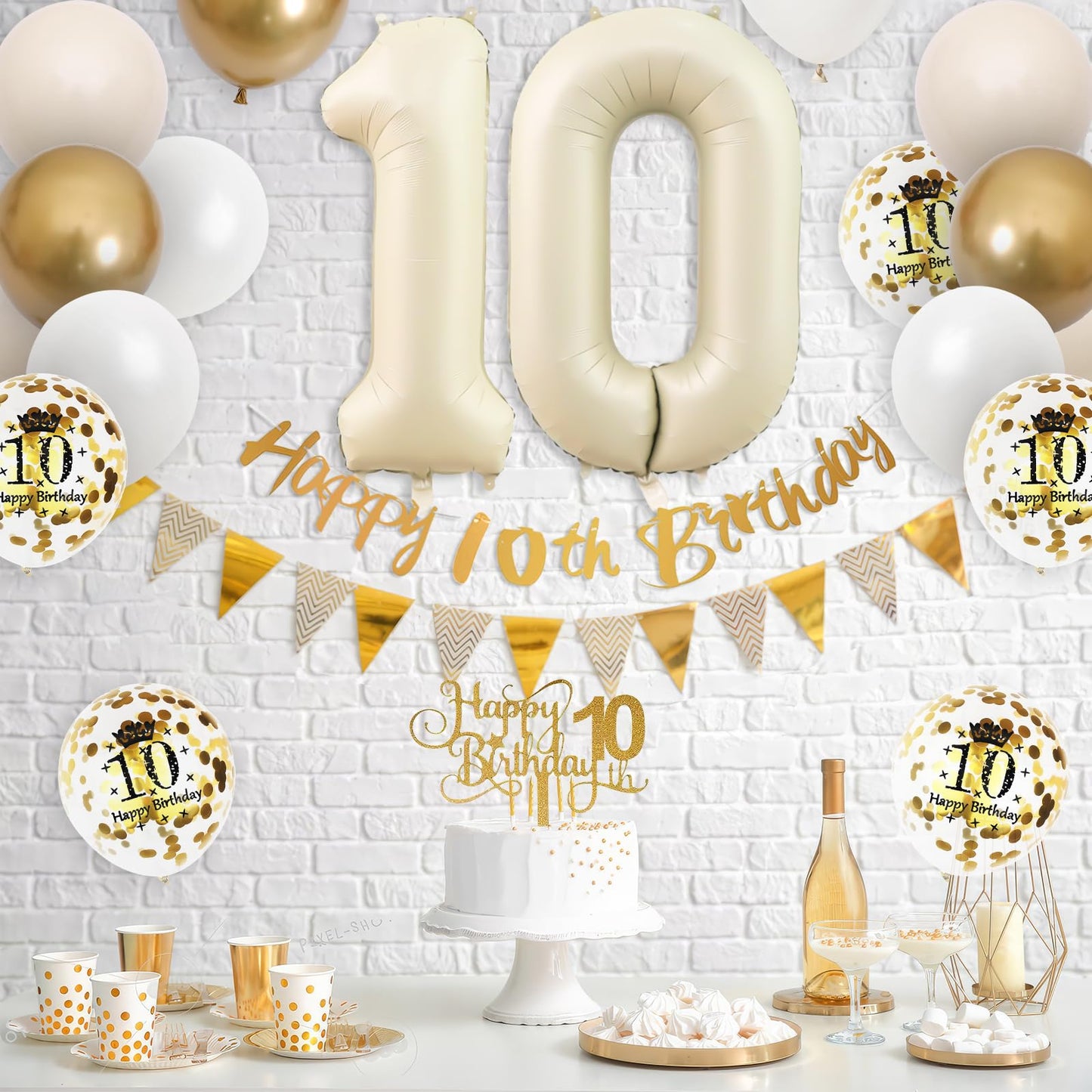 10Th Birthday Decorations Sand White Gold,10Th Birthday Balloons Beige Gold,Happy 10Th Birthday Banner With Cake Toppers Number