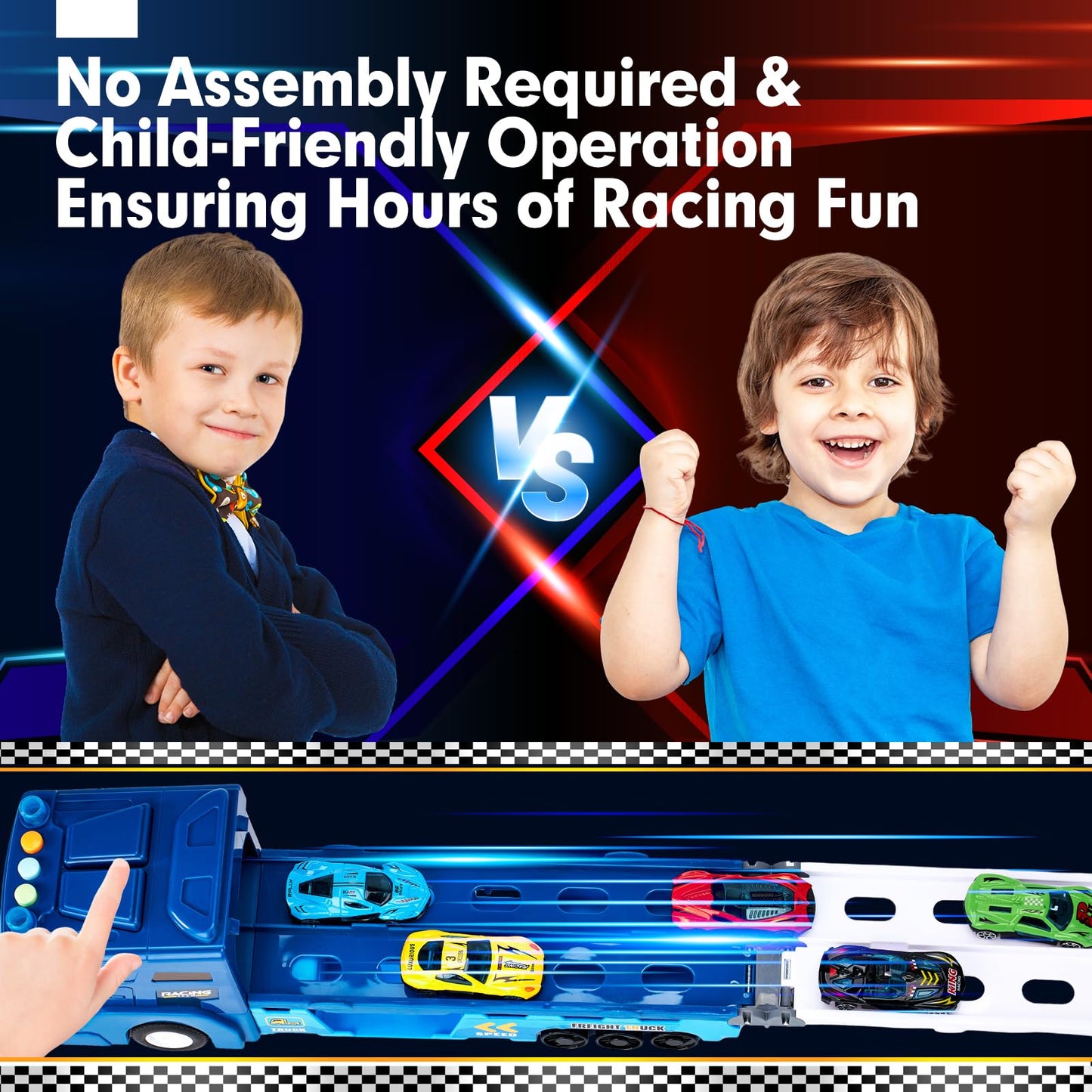 hahaland Toys for 2 Year Old Boy Birthday Gift - 2 in 1 Car Carrier Transforms into Race Tracks with Dual Launcher Toys for Ages