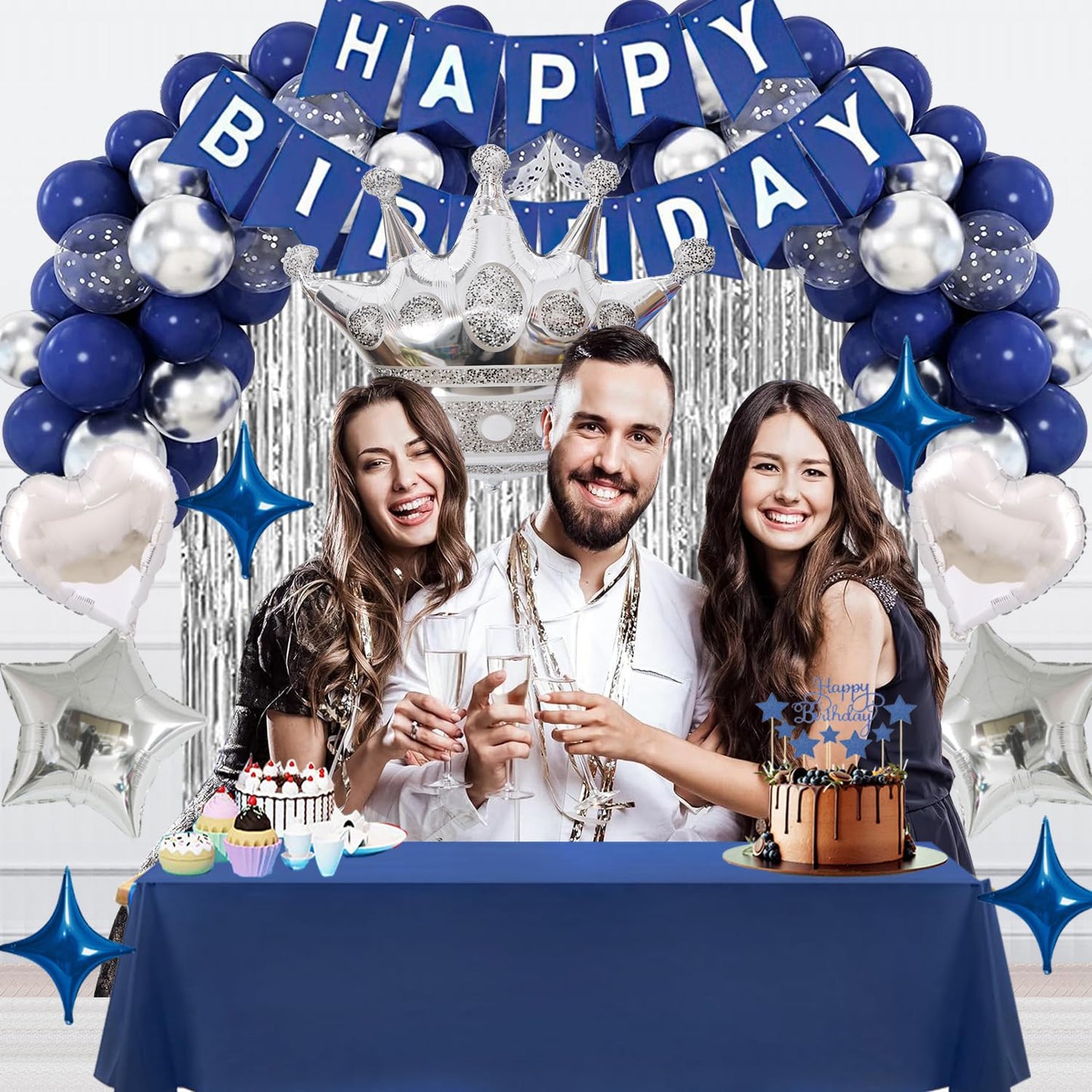 Navy Blue Happy Birthday Party Decorations Set for Men Boys Women Girls, Banner, Crown Balloon, Fringe Curtains, Cake Topper,tab