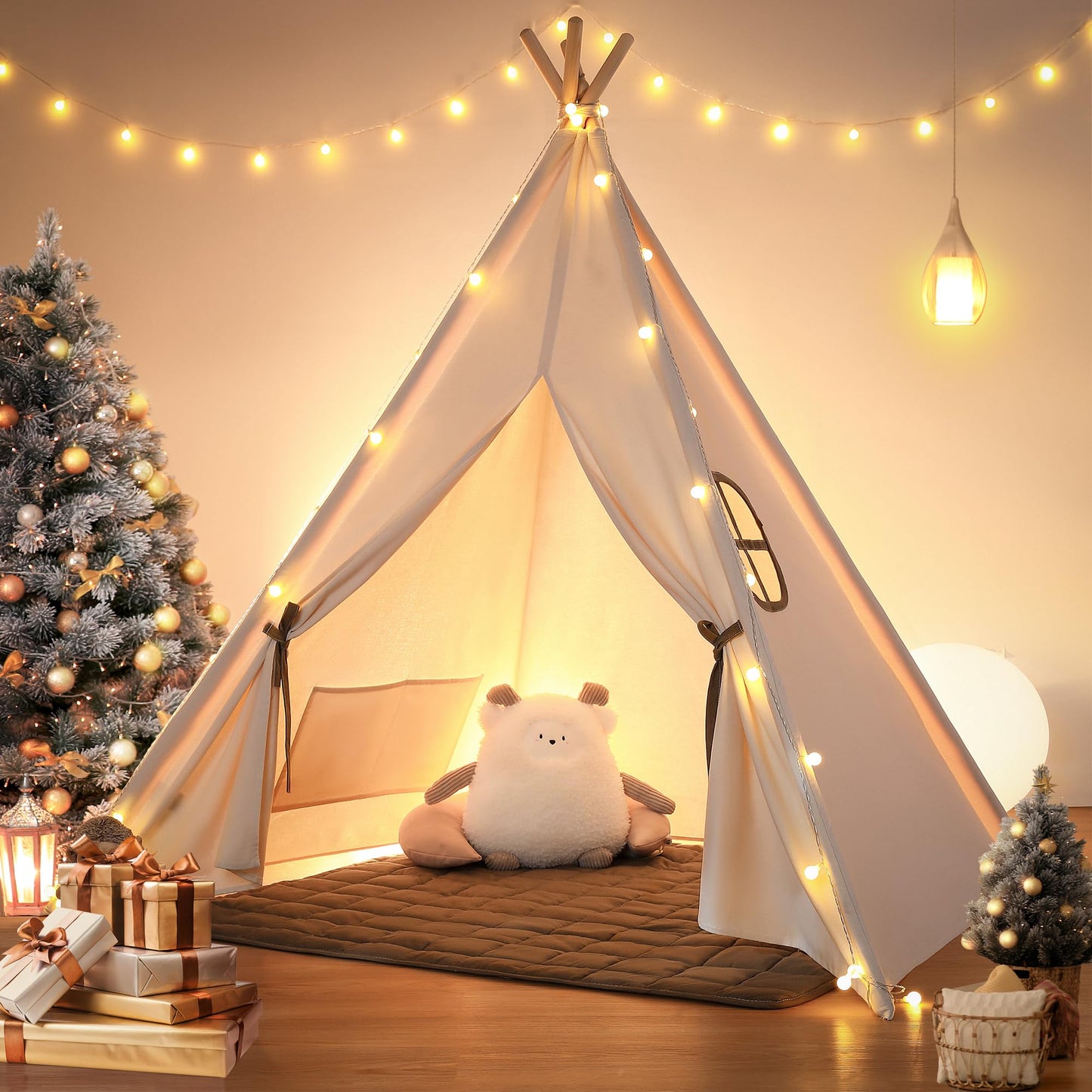 Besrey Kids Tent, Teepee Play Tent With Lights And Padded Mat, Portable Cotton Tipi For Indoor Reading And Playtime