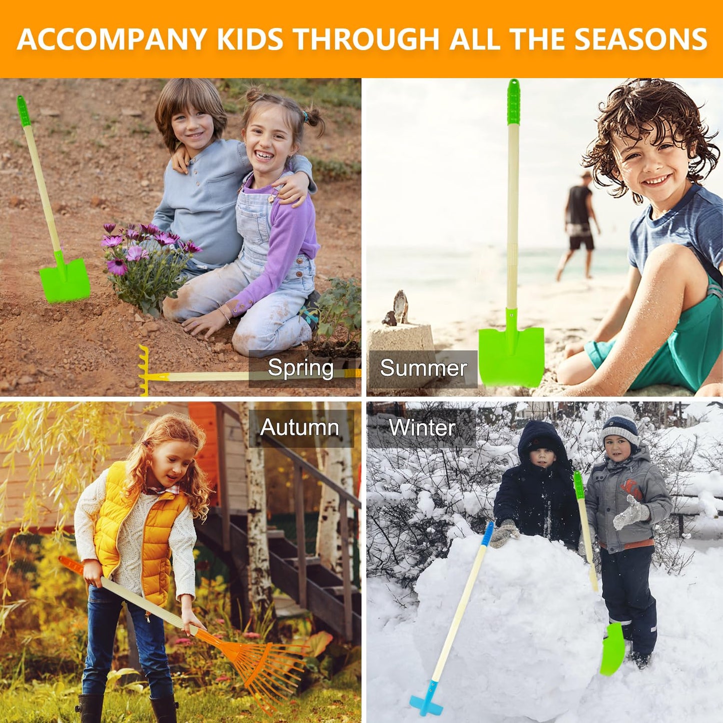 Pomiku Kids Shovel, Rake For Leaves, Spade, Hoe And Broom, 5Pcs Kids Garden Tools, Gardening Yard Outdoor Toy Gifts For Boys Gir