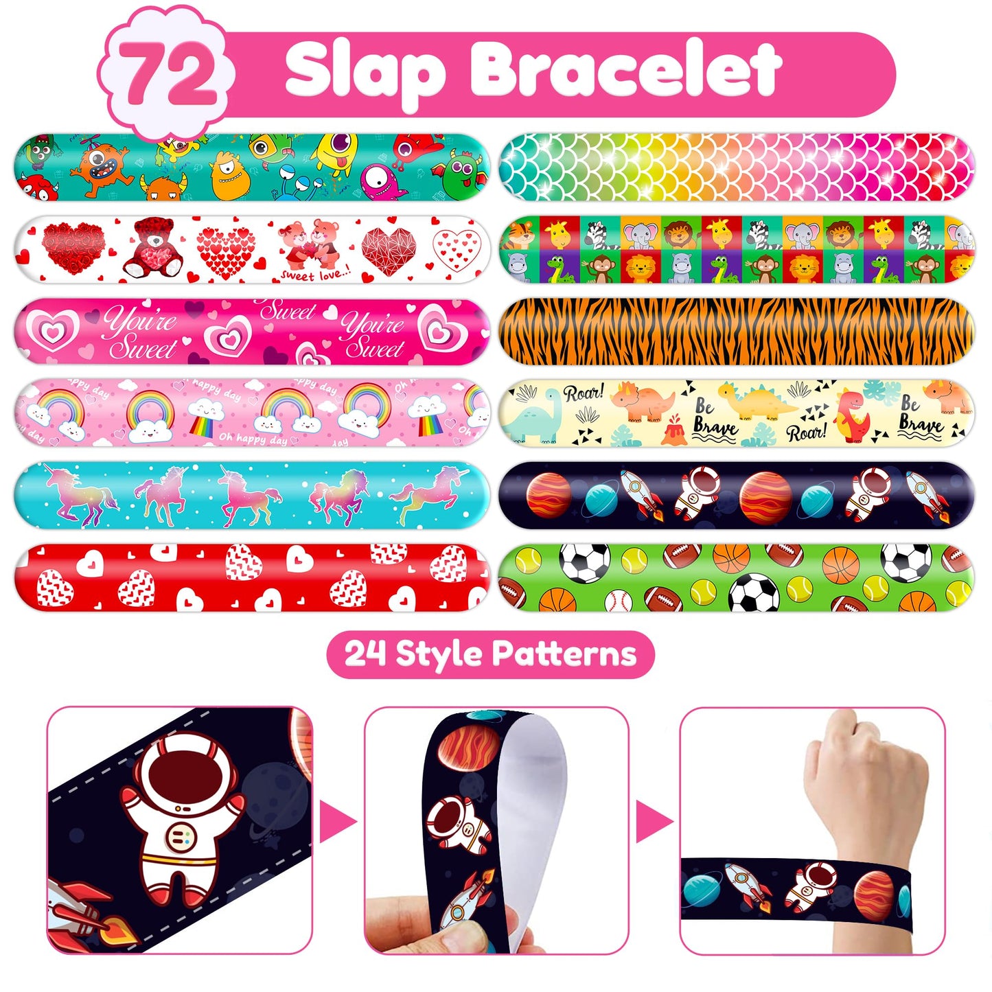 144PCS Party Favor Classroom Prizes For Kids - 72 Temporary Pre-Cut Tattoos & 72 Slap Bracelets - Fun Party Favors for Boys & Gi