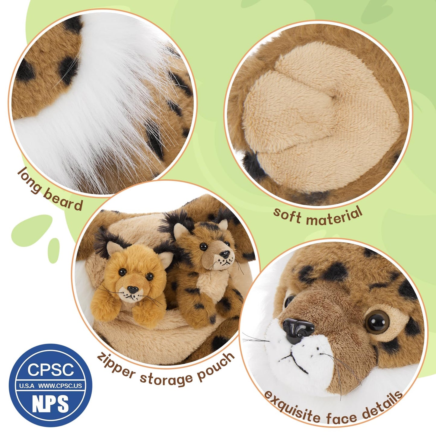 Muiteiur 5 Piece Lynx Stuffed Animals, Soft Bobcat Stuffed Animals With Babies,18-Inch Plush Toy For Kids Girls Boys, Gift For B