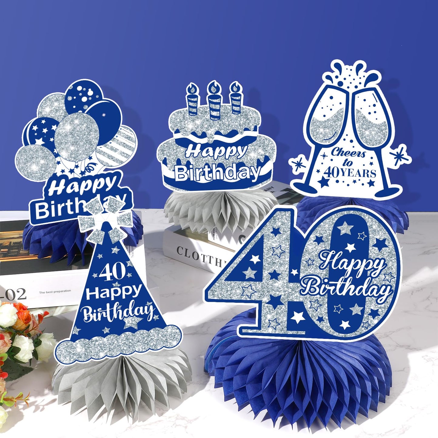 8Pcs Blue 40Th Birthday Decorations Navy Blue Silver Happy 40Th Birthday Table Honeycomb Centerpieces For Table Decor 40Th Birthday Table Topper For Men Women 40Th Birthday Anniversary Party Supplies