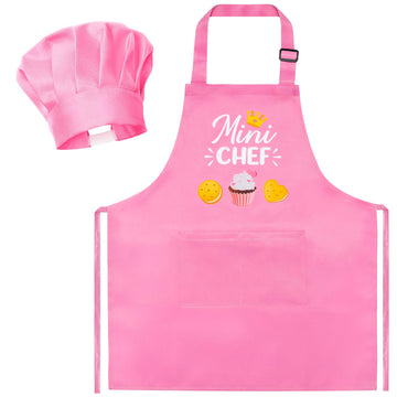 R HORSE Kid Apron and Chef Hat Set 2Pcs Adjustable Children Light Pink Kitchen Apron, Dress up Role Play Chef Toy Cooking Baking