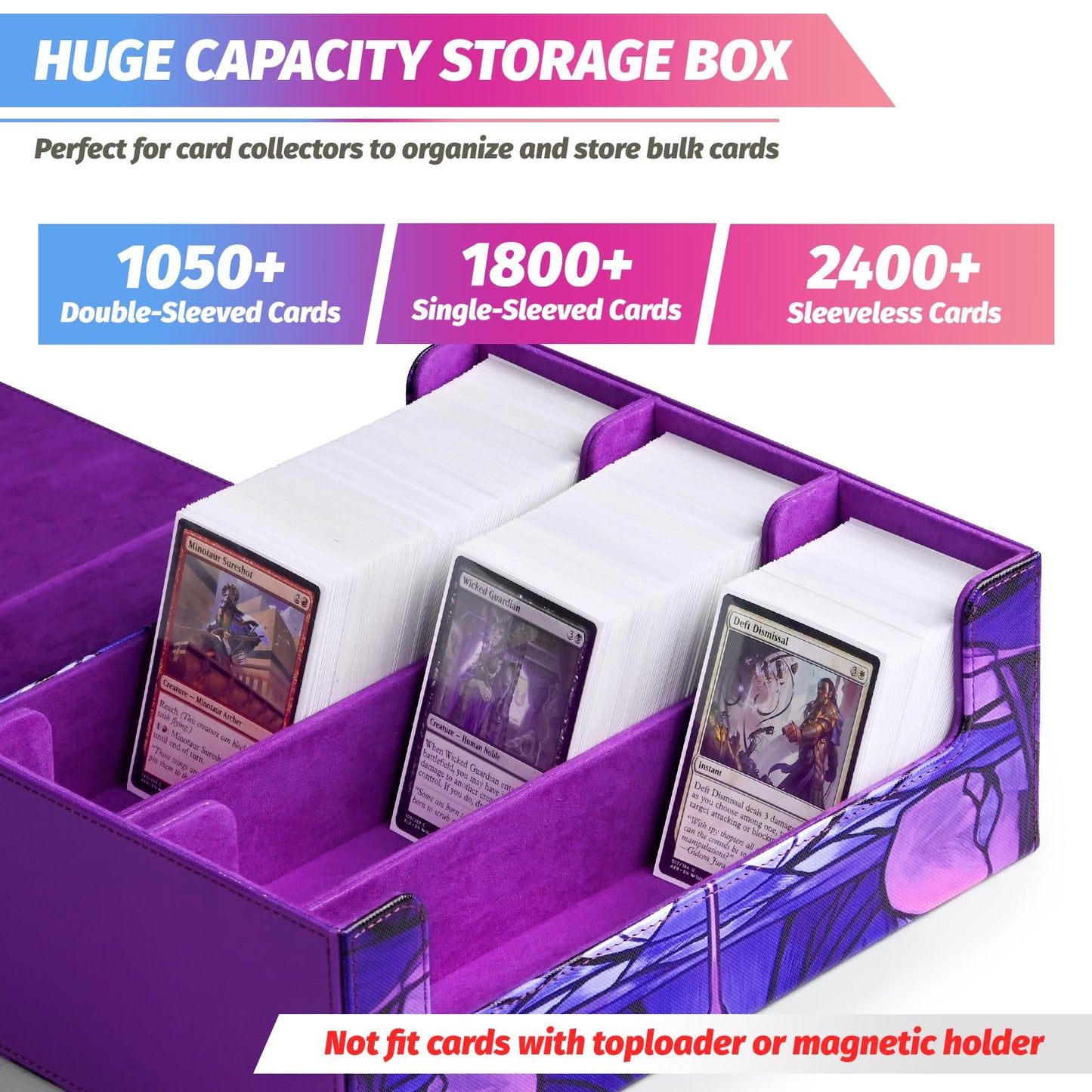 Uaono Card Storage Box For Mtg, Trading Card Deck Box Holds 1800+ With 6 Dividers, Leather Printing Magnetic Closure Card Storage Case Fits Tcg Ccg Sports Cards (Purple,Skull)