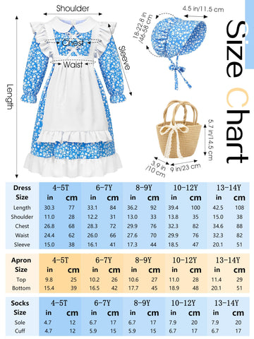 SOMSOC 5 Pack Colonial Girl Dress Costume Set Pioneer Floral Dress with Apron Bonnet Socks Flower Basket for Historical Play