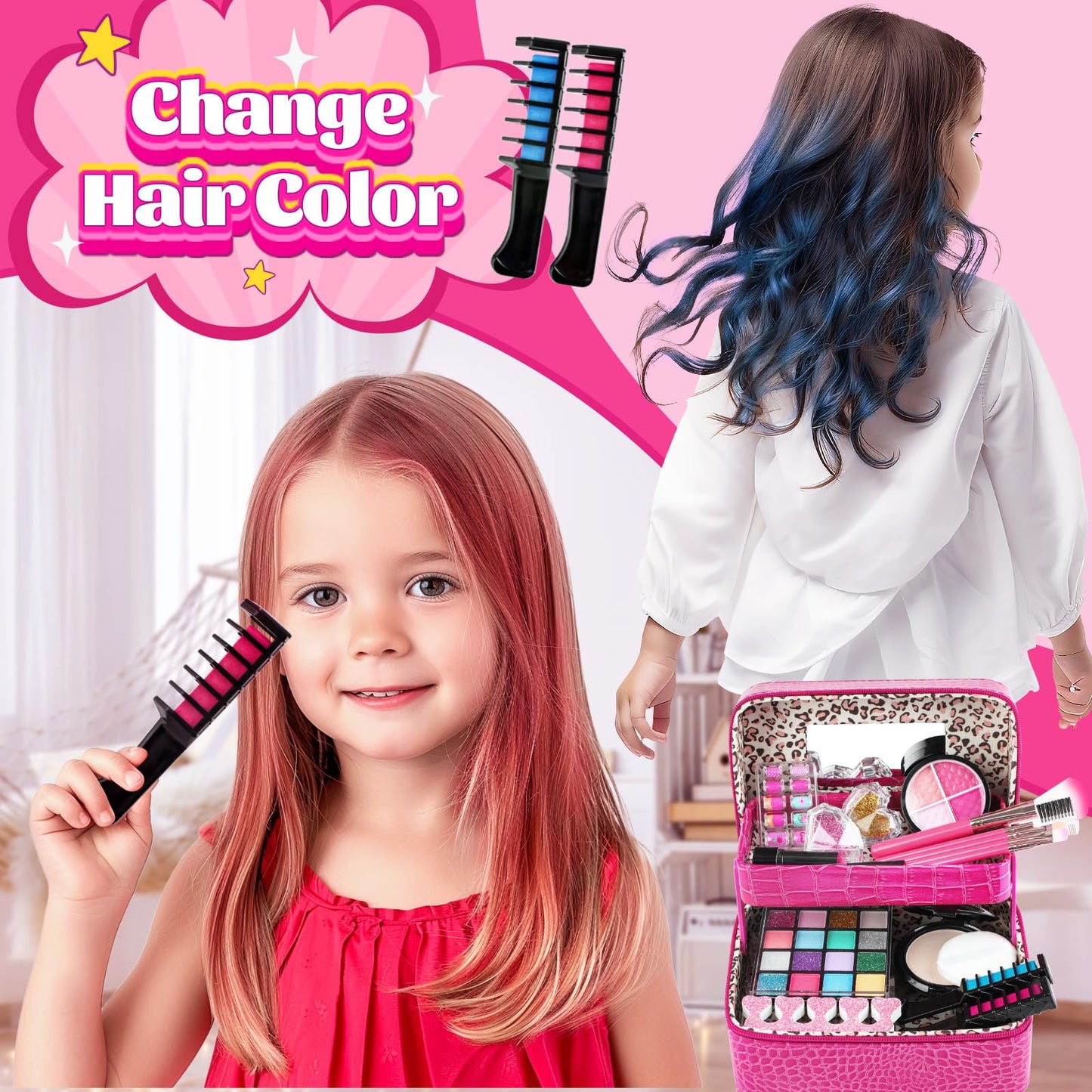 Kids Makeup Kit for Girl -Real Washable Toddler Makeup Kit for Kids Girls, Double-Layer Case Kids Makeup for Kids Little Girl, P