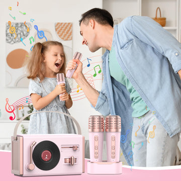 Wowmoment Mini Karaoke Machine For Kids&Adults, Portable Bluetooth Speaker With 2 Wireless Microphones And Charging Pod, Stereo