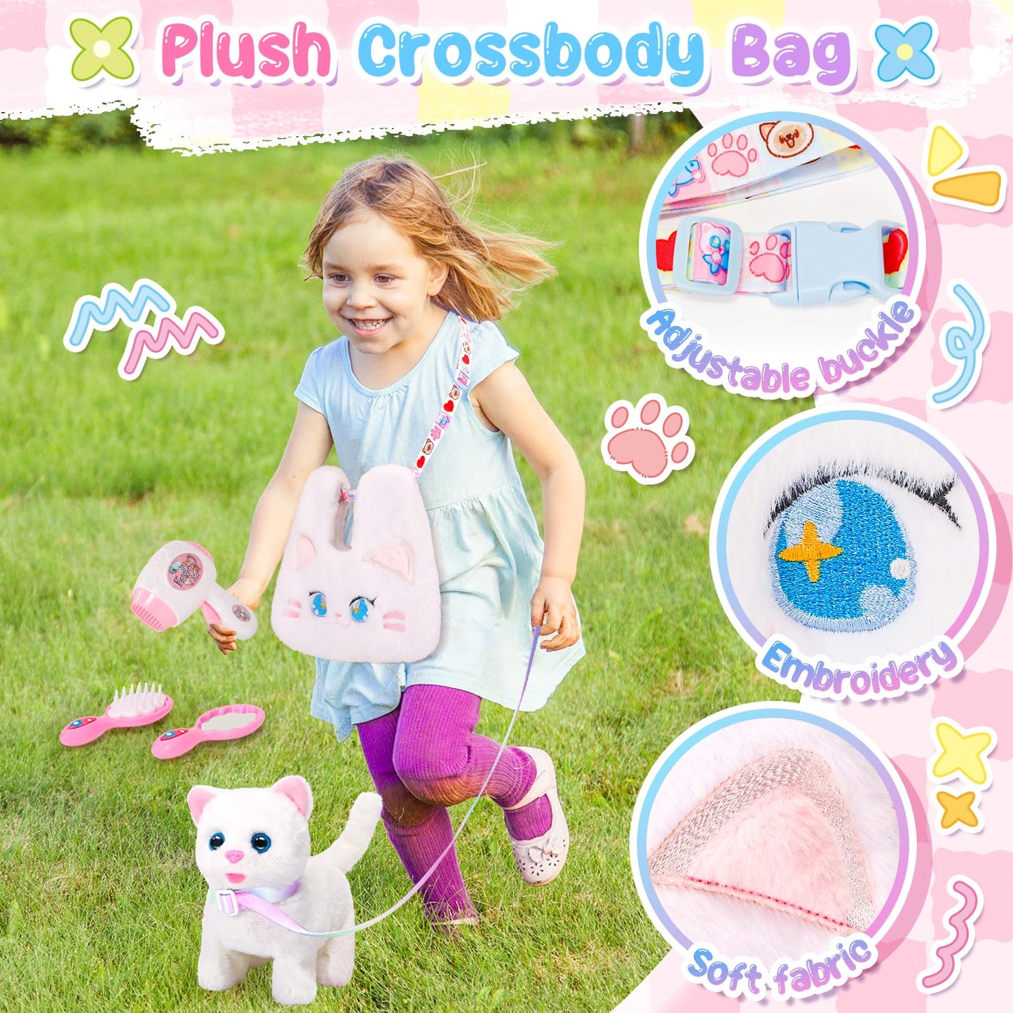 Ninaor Interactive Cat Toys For Kids With Crossbody Bags, Stuffed Cat Plush With Leash Walking Meow Pretend Play Kitty Robot Pet