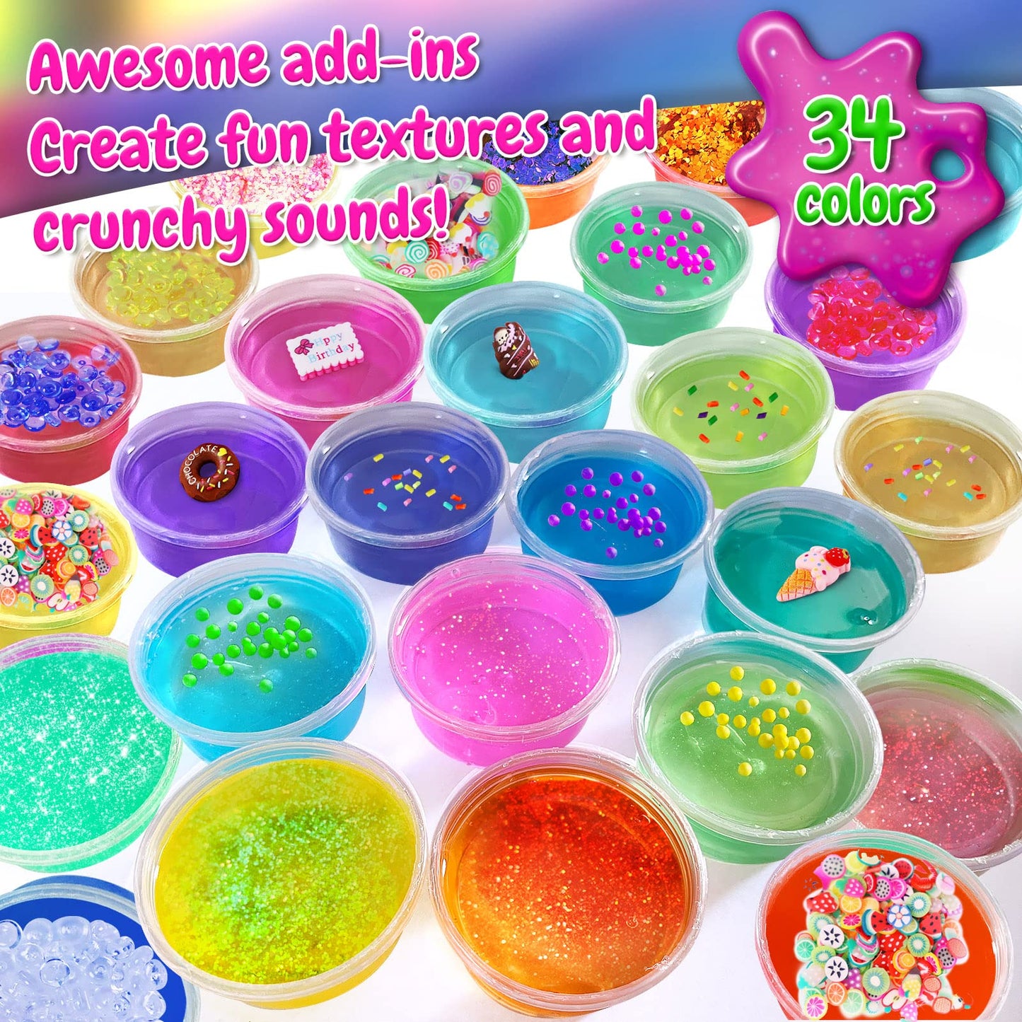 ESSENSON 34 Cups Slime Kit for Kids, DIY Butter & Crystal Slime, Party Favors for Ages 6-10, Clear Jumbo Slime Making Gift