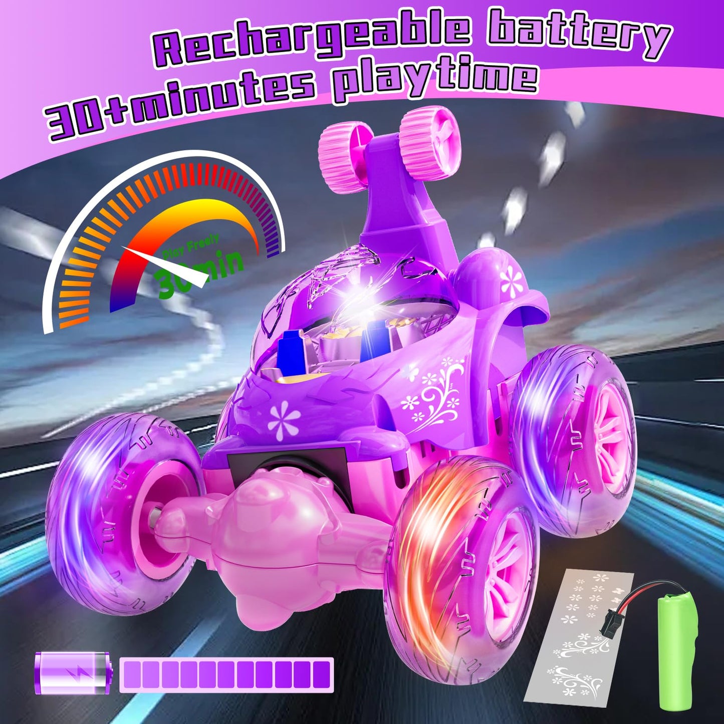 Tcvents Pink Purple Remote Control Car For Girls 3 4-7 8-12 Years Old, 4Wd Rc Stunt Car Rechargeable Rc Cars Toy Vehicle With 36