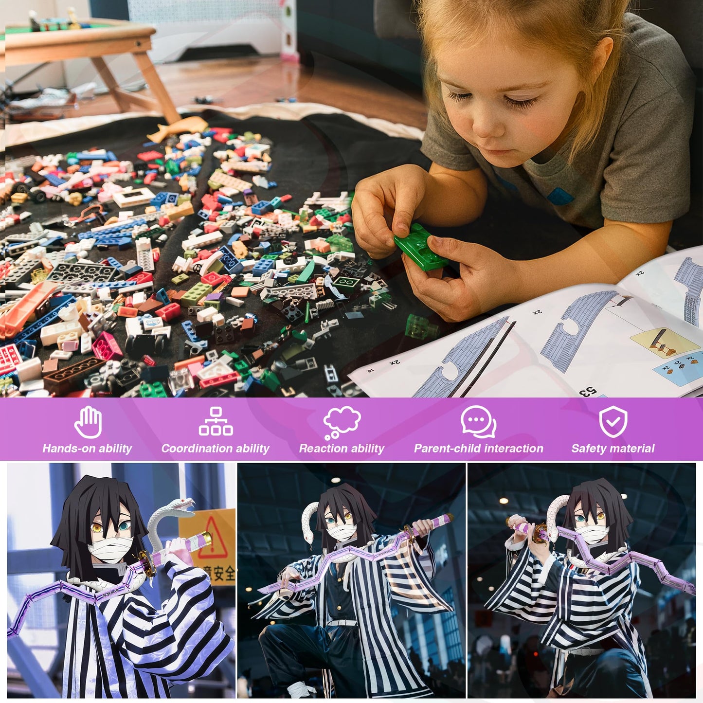 Jorumo decorative replica blades Building Sets for mature-themeds 34in Iguro Obanai decorative replica blade Building Block with Stand Anime decorative replica blade Building Toy Katana Gift 836 Pcs