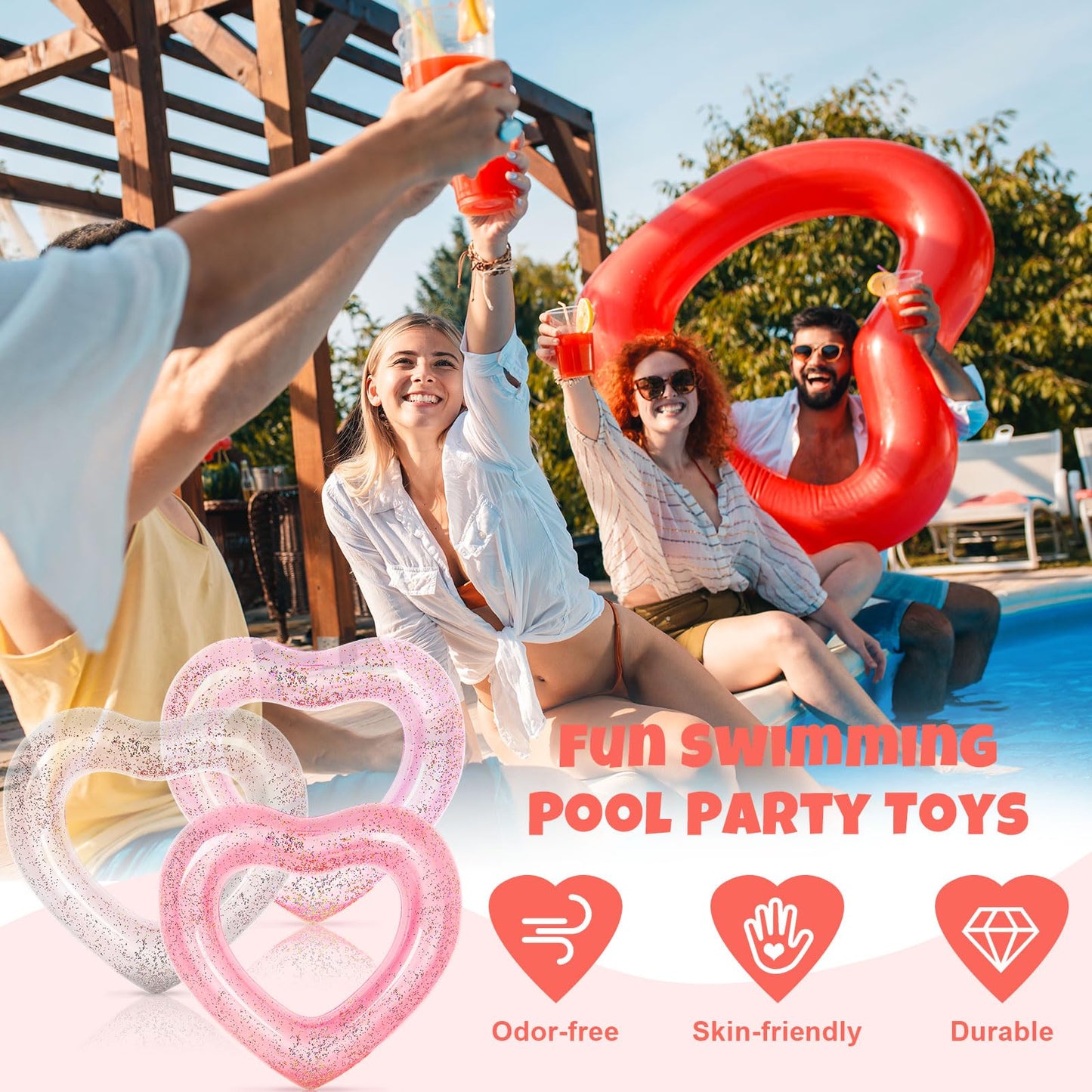 Whaline 3Pcs Inflatable Heart Pool Float With Glitter Inside Rose Gold Pink White Swim Heart Shaped Pool Rings Float Loungers Tube For Summer Swimming Pool Beach Bachelorette Party, 47.3 X 39.4 Inch