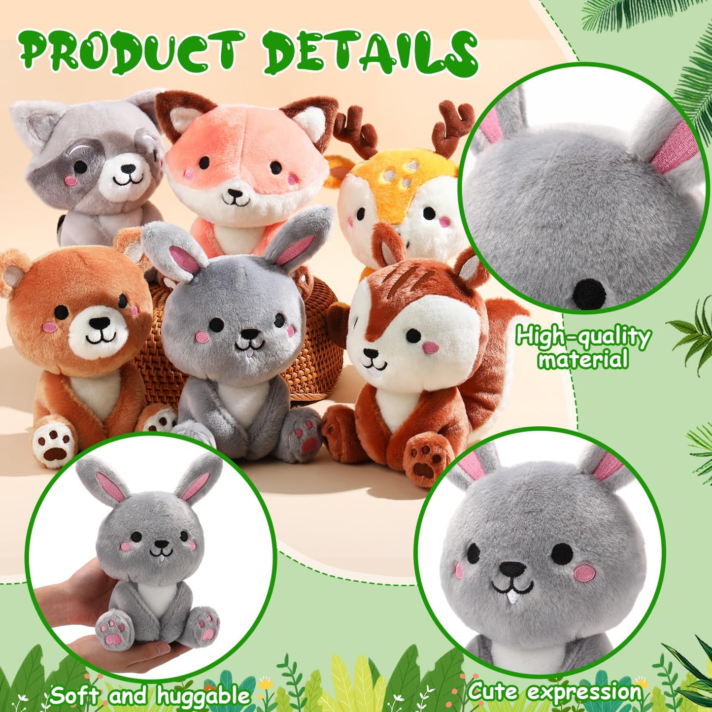 Roundfunny 6 Pcs Woodland Animals Plush Toys 7 Inch Bear Rabbit Squirrel Deer Raccoon Fox Stuffed Animals For Birthday Gift Baby