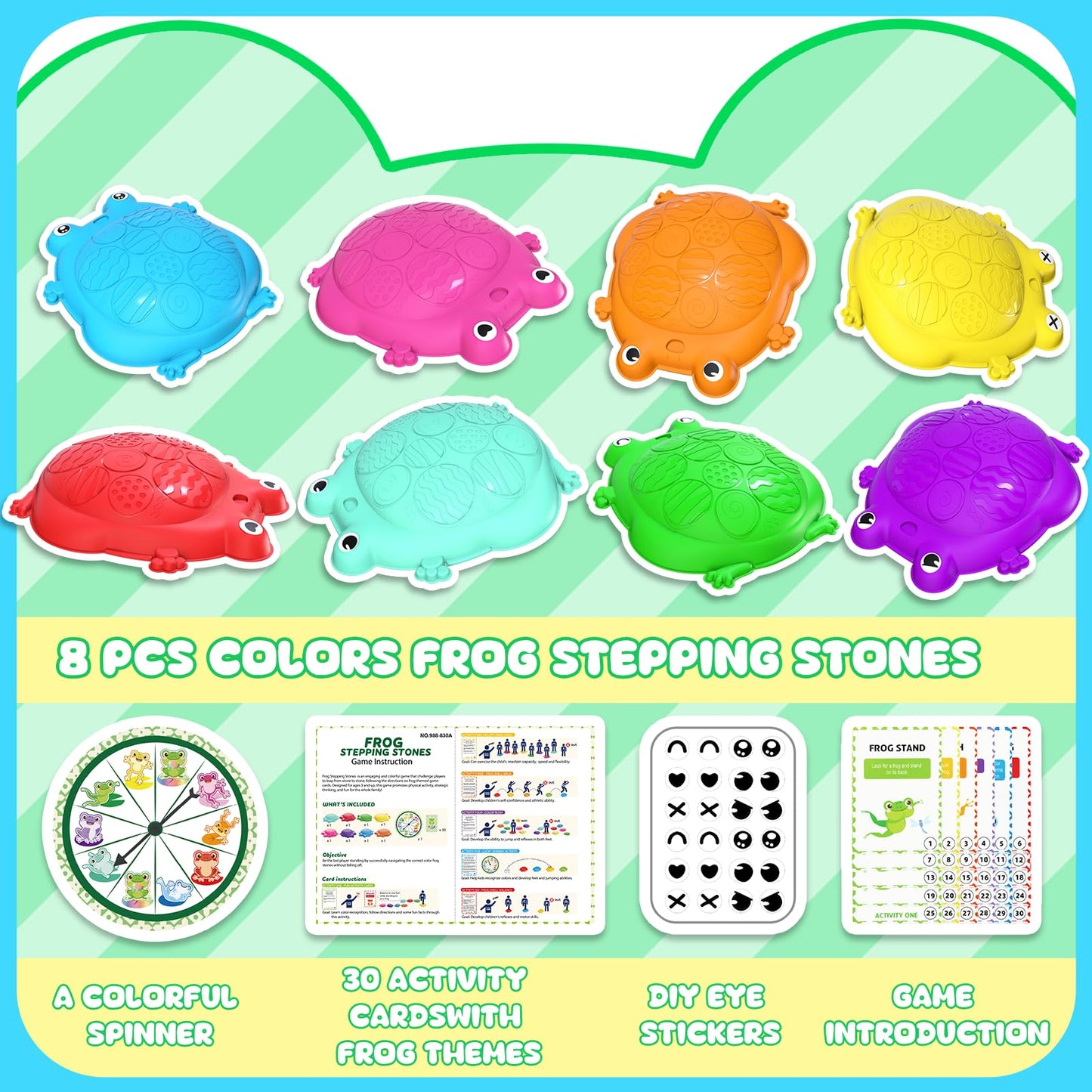 Kizjorya Stepping Stones For Kids, 8 Pcs Frog Non-Slip Balance Steps Stones Sensory Toys For Toddler Ages 3-5, Obstacle Course C