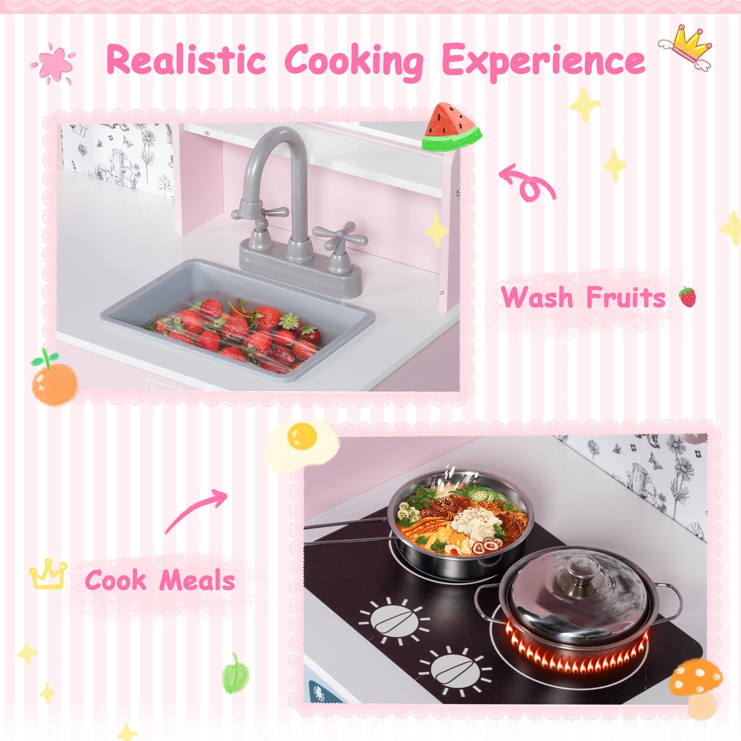 BRINJOY Play Kitchen for Kids, Wooden Kids Kitchen Playset w/Faucet, Sink, Stove, Oven, Window, Cookware, Storage Cabinets, Todd