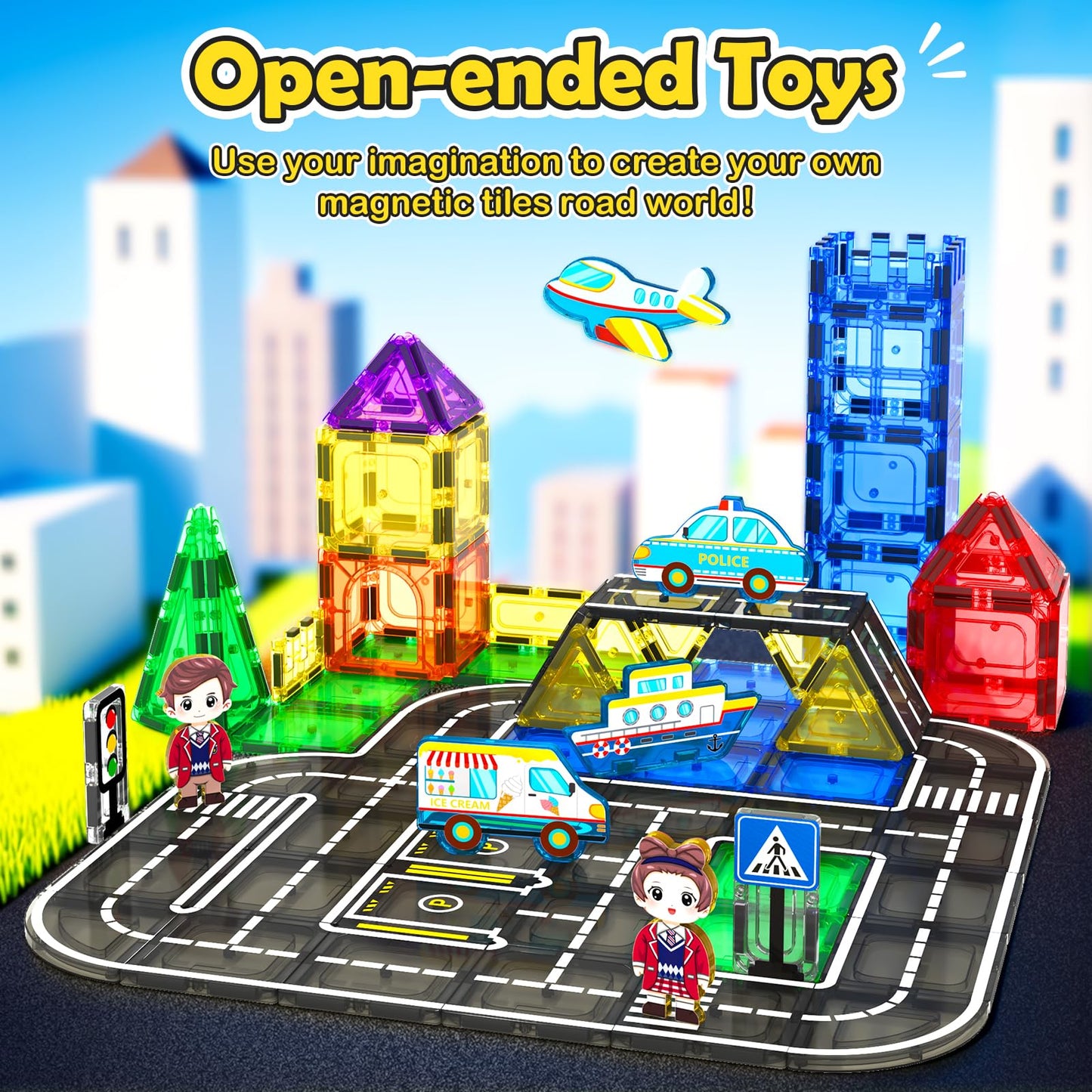 Igivi Magnetic Tiles City Road Set With Magnet Car Toys, Magnetic Blocks Building Toys For Kids, Stem Construction Toys For Toddlers,Toy Gifts For 3+ Year Old Boys & Girls