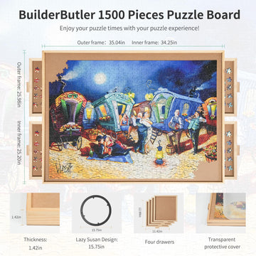 1500 Pieces Rotating Puzzle Board With 4 Drawers,34.25''X25.2'' Portable Wooden Jigsaw Puzzle Table With Lazy Susan Spinning Cov