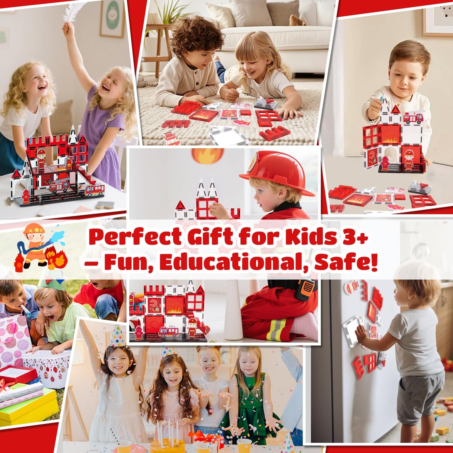 Xiapia Magnetic Tiles Firefighter Theme, Magnetic Tiles For Kids Ages 4-8, Fire Station Magnetiles For Kids 3-5, Travel Magnet B