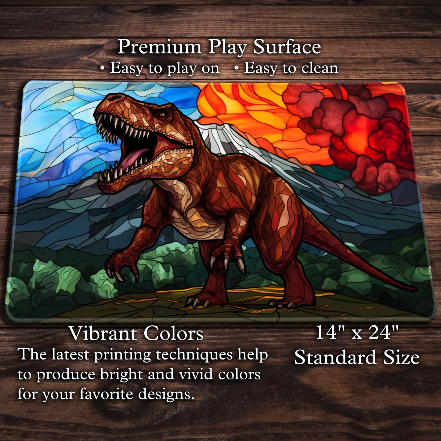 Trex Stained Glass Premium Stitched Card Game Playmat - By Digital Sorcery Studio - Compatible With Mtg And Other Trading Card G