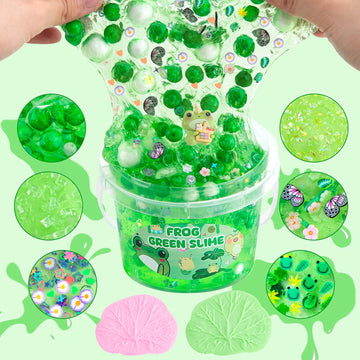 LAWOHO Frog Clear Slime Kit, 300ml Green Slime for Girls 8-12, Non-Stick with 8 Add-Ins, Perfect for Parties & Gifts