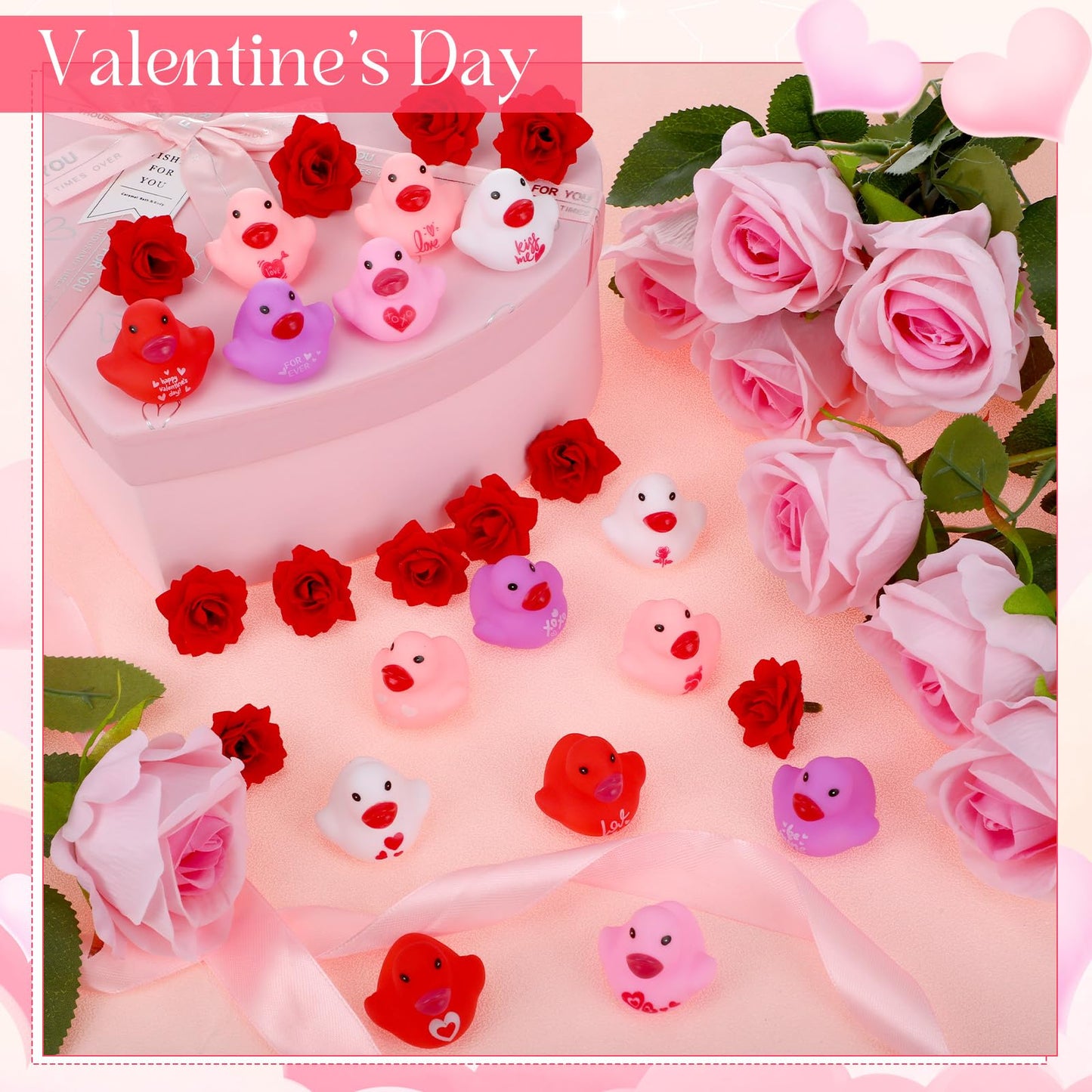 Junkin 100 Pcs Valentine Mini Rubber Ducks 1.57 Inch Small Rubber Ducks In Bulk Festive Rubber Ducks Heart For Birthday Party Fa