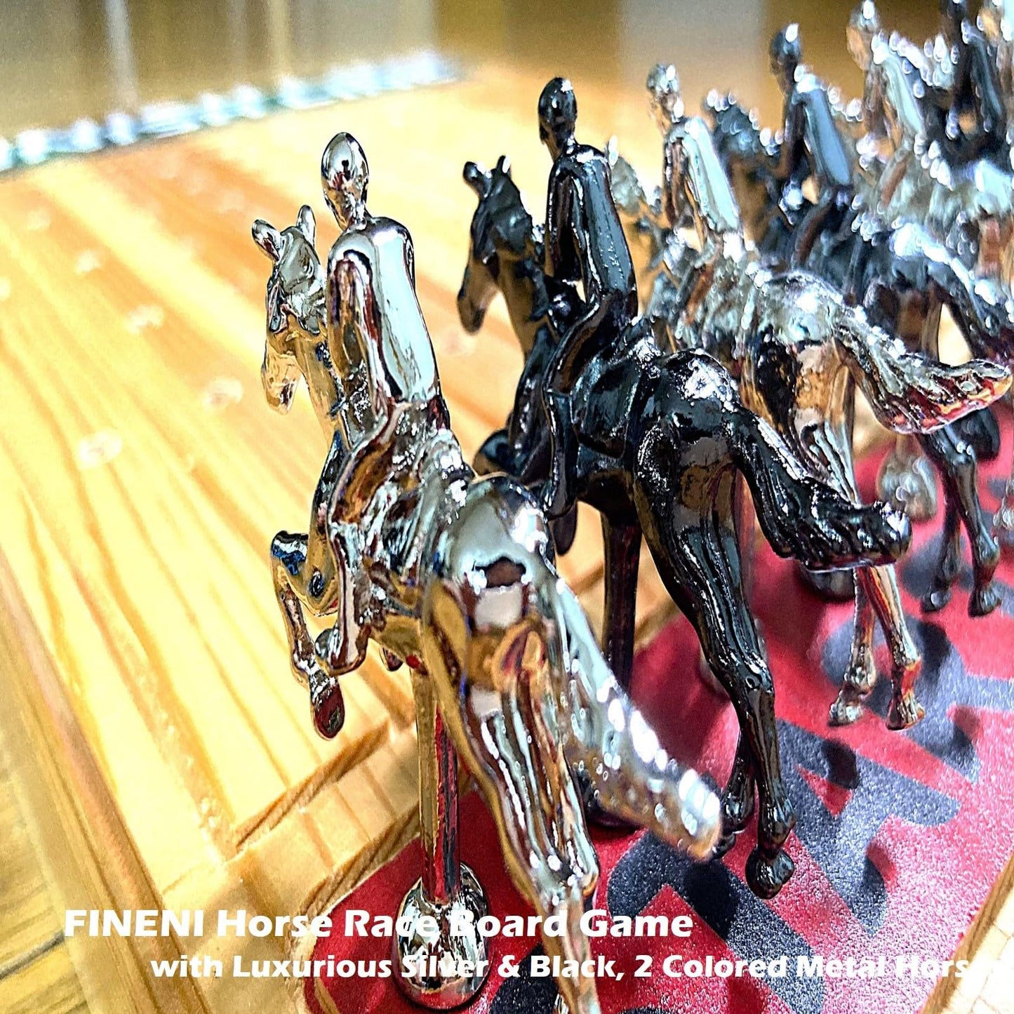 FINENI Horse Racing Game for Adults - 22” Pine Wood Board with 11 Metal Horses, Dice & Cards, Log Color2
