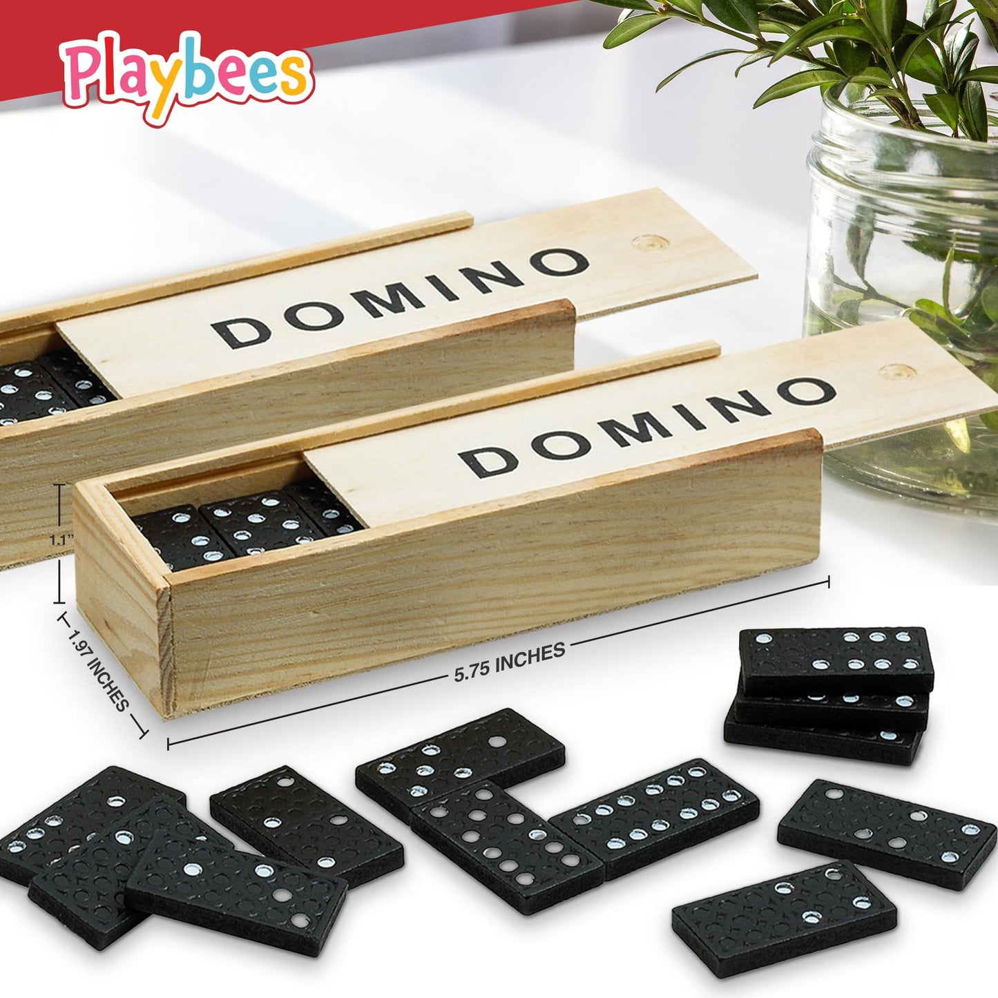 Playbees Mini Wooden Dominoes Set - 12 Pack - Classic Double Six Domino Game In A Wooden Case - Educational Board Games & Activi