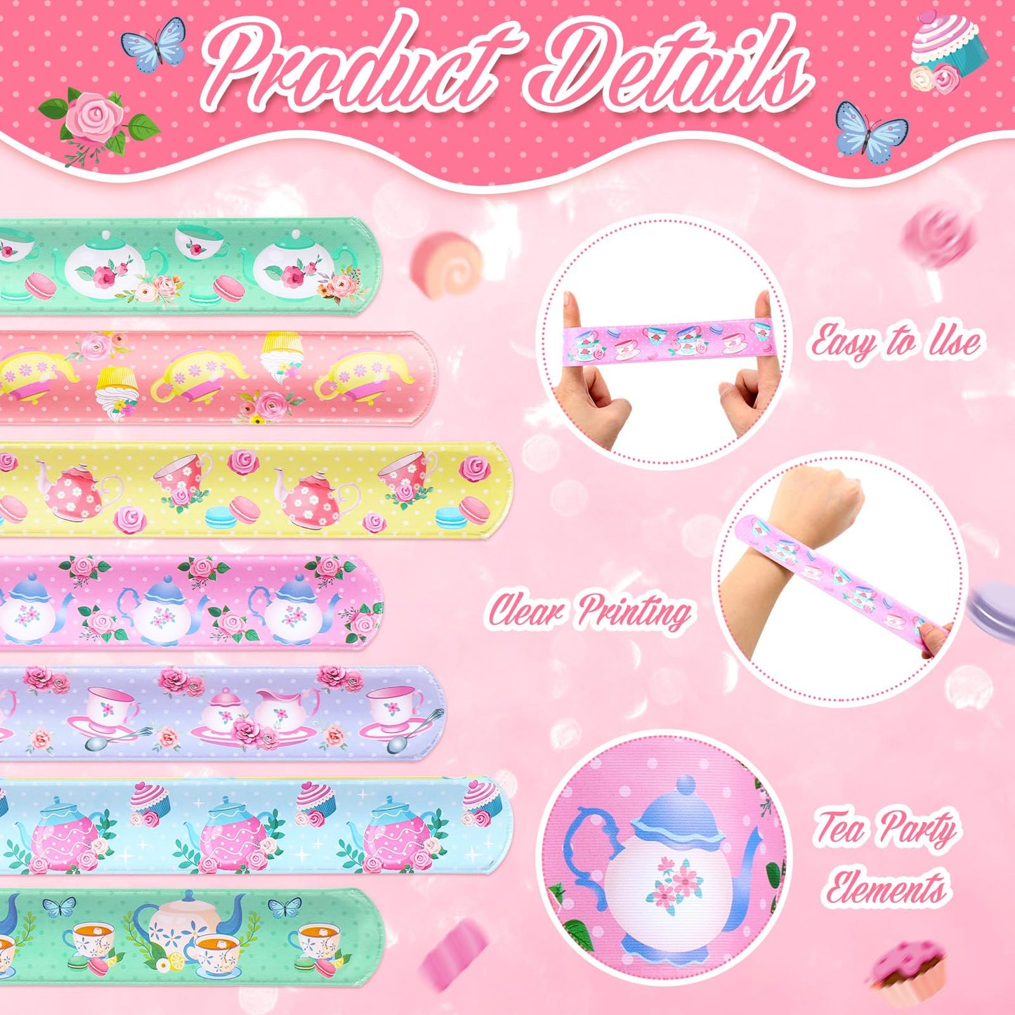 Junkin 48 Pcs Tea Party Favors Floral Tea Party Slap Bracelet Tea Party Supplies Decoration Girls Tea Party Bracelet Pink Teapot