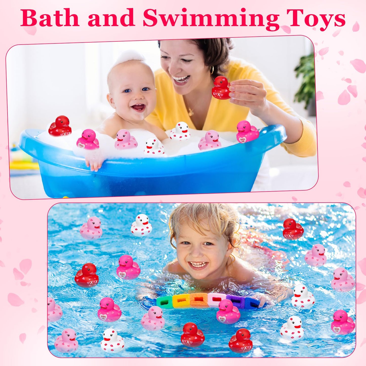 Motionchic 72 Pcs 2 Inch Valentine'S Day Rubber Duck Love Heart Squeaky Holiday Duckies Novelty Pink Red Bath Toys For Party Fav