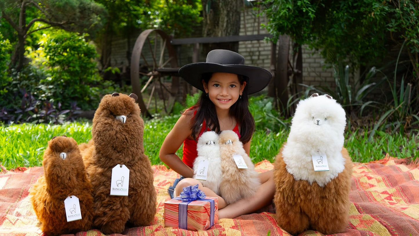 Baby Alpaca Fur Toy - Alpaca Figure - Soft and Cuddly Stuffed Animal (Beige and White 12 inches)