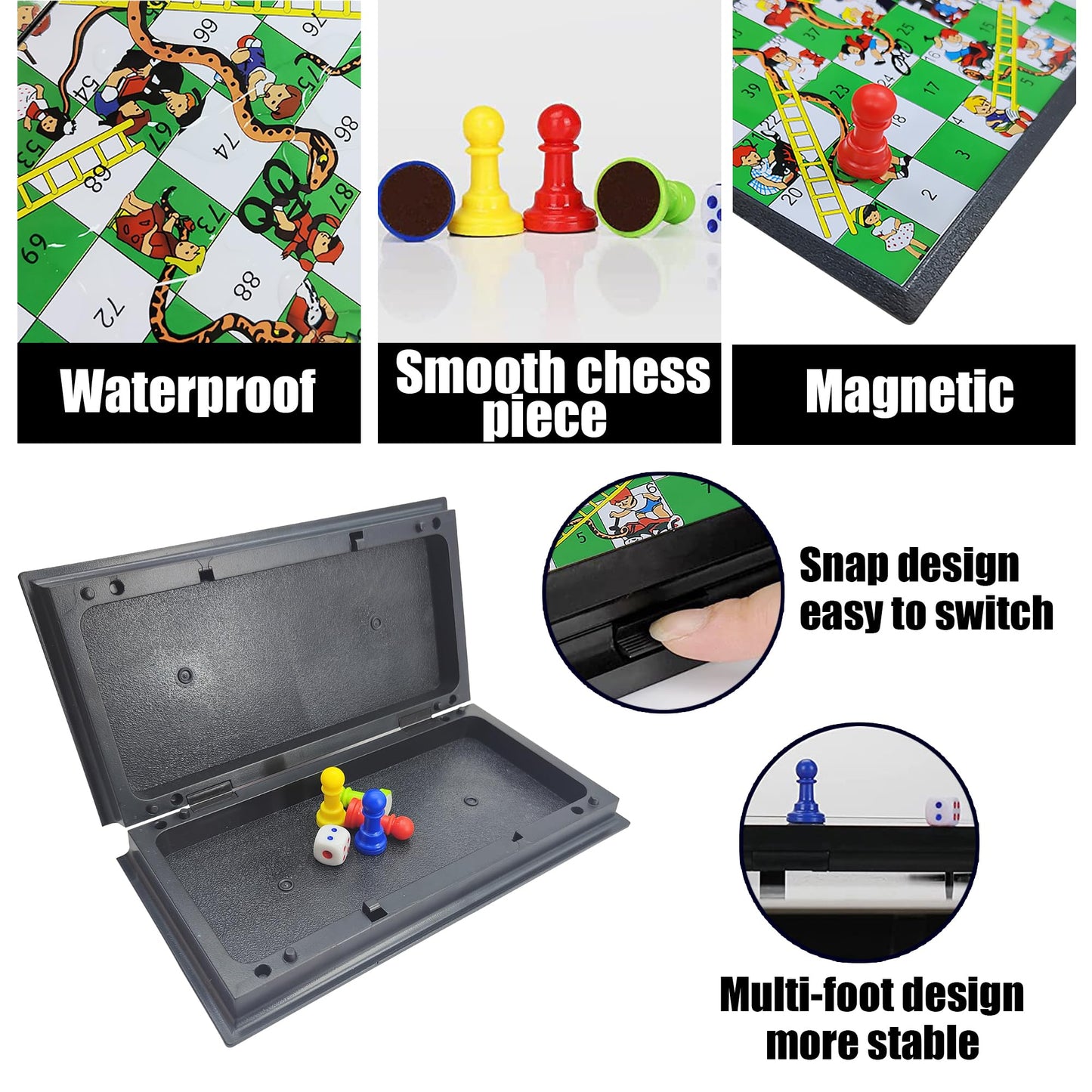 Kidami Magnetic Snakes And Ladders Board Game Set, Folding Portable Design And Light-Weight, Travel Game Set Gift For Kids And Adults