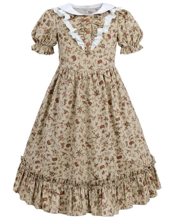FCCAM Colonial Costume Girls with Mob Cap Floral Pioneer Prairie Dress 1800s American Costume Brown L age over 4 years old